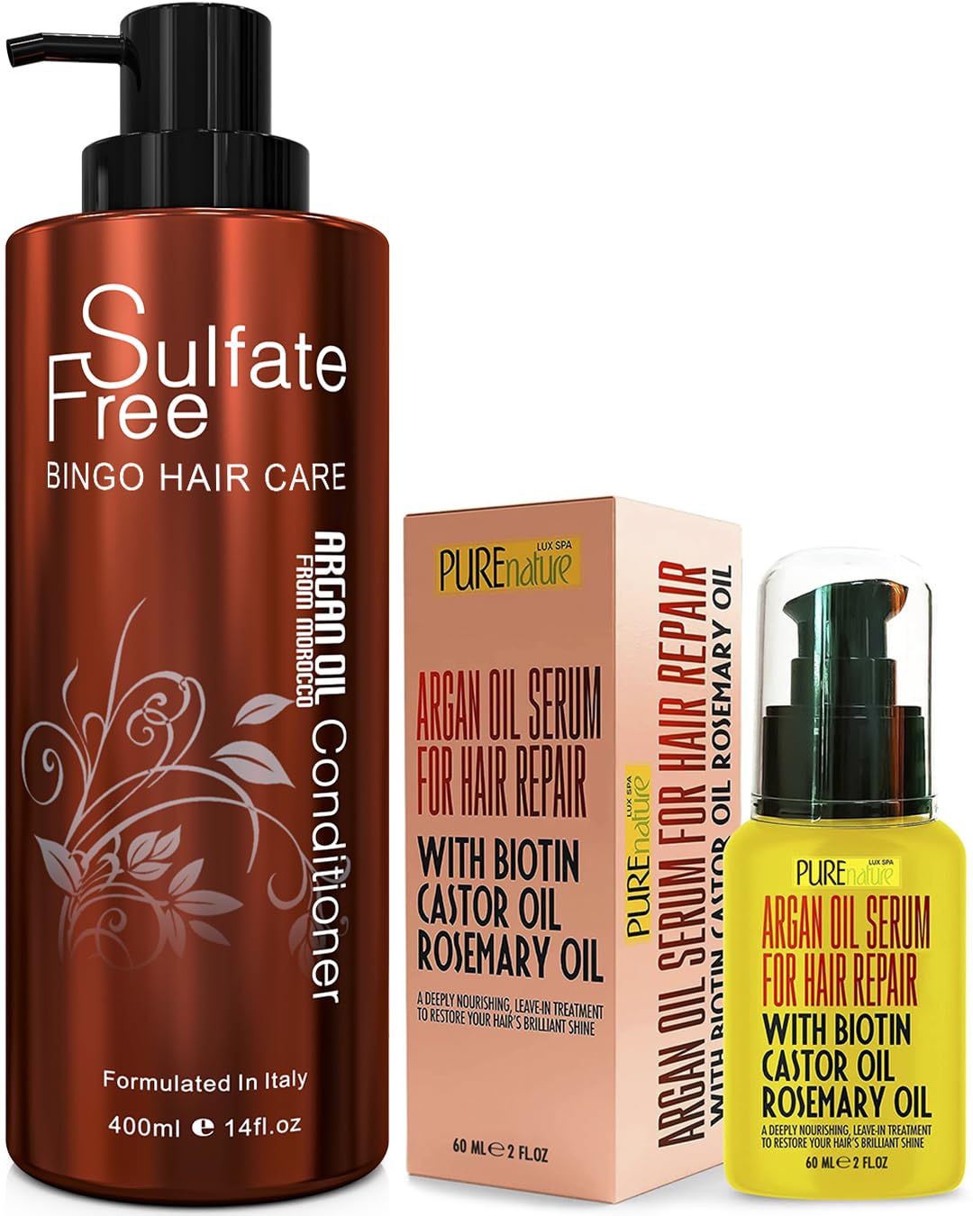 Pure Moroccan Argan Oil Conditioner & Hair Serum Set - Deep Hydration for Dry, Damaged Hair - Sulfate Free & Vegan - Perfect for Daily Hair Care & Salon Quality Treatment at Home