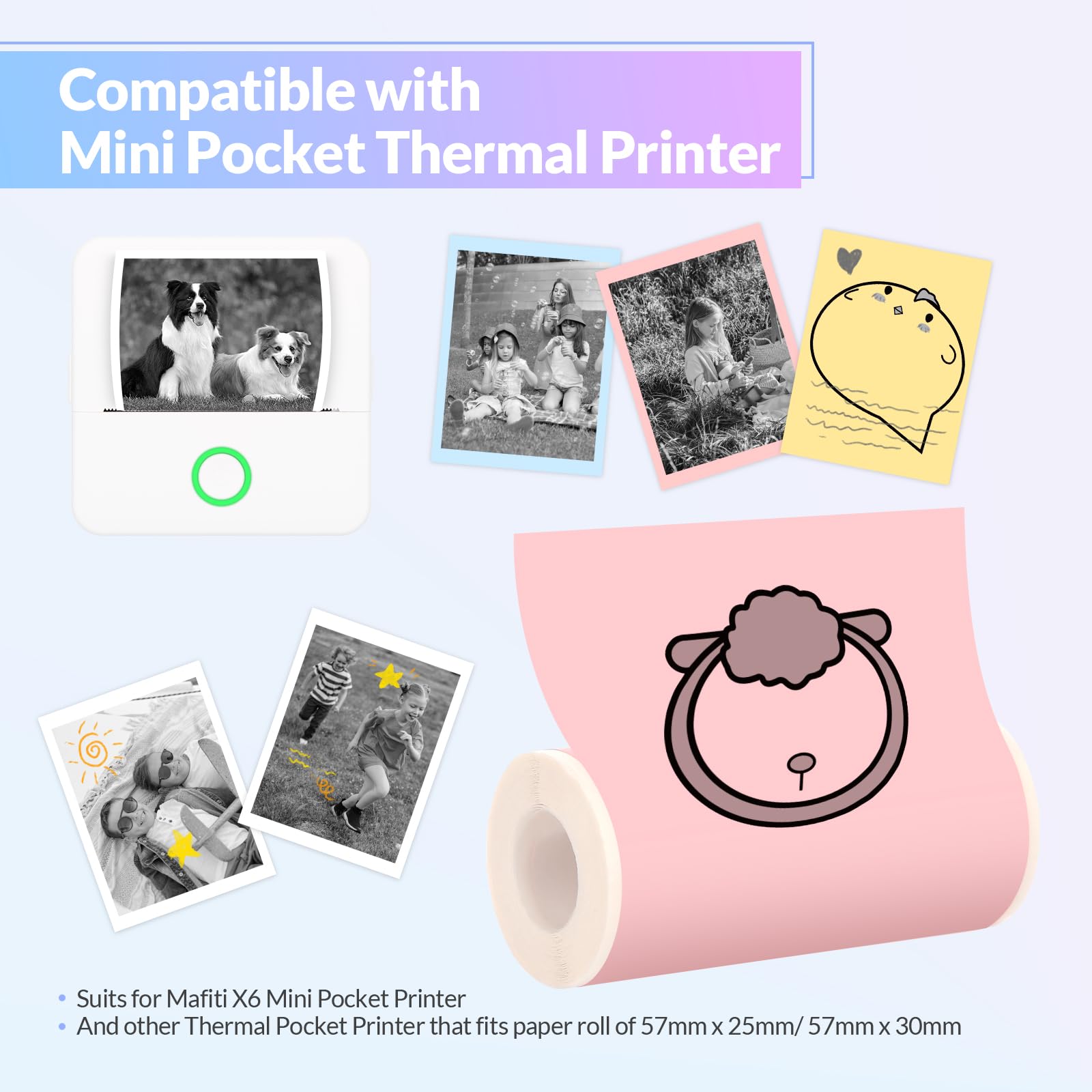 Mafiti 6 Rolls Self-Adhesive Thermal Mini Printer Paper (3 White + 3 Colorful) - 57x25mm for X6 Mini Pocket Printer | Perfect for Labeling, Organizing, DIY Crafts & Small Business Packaging