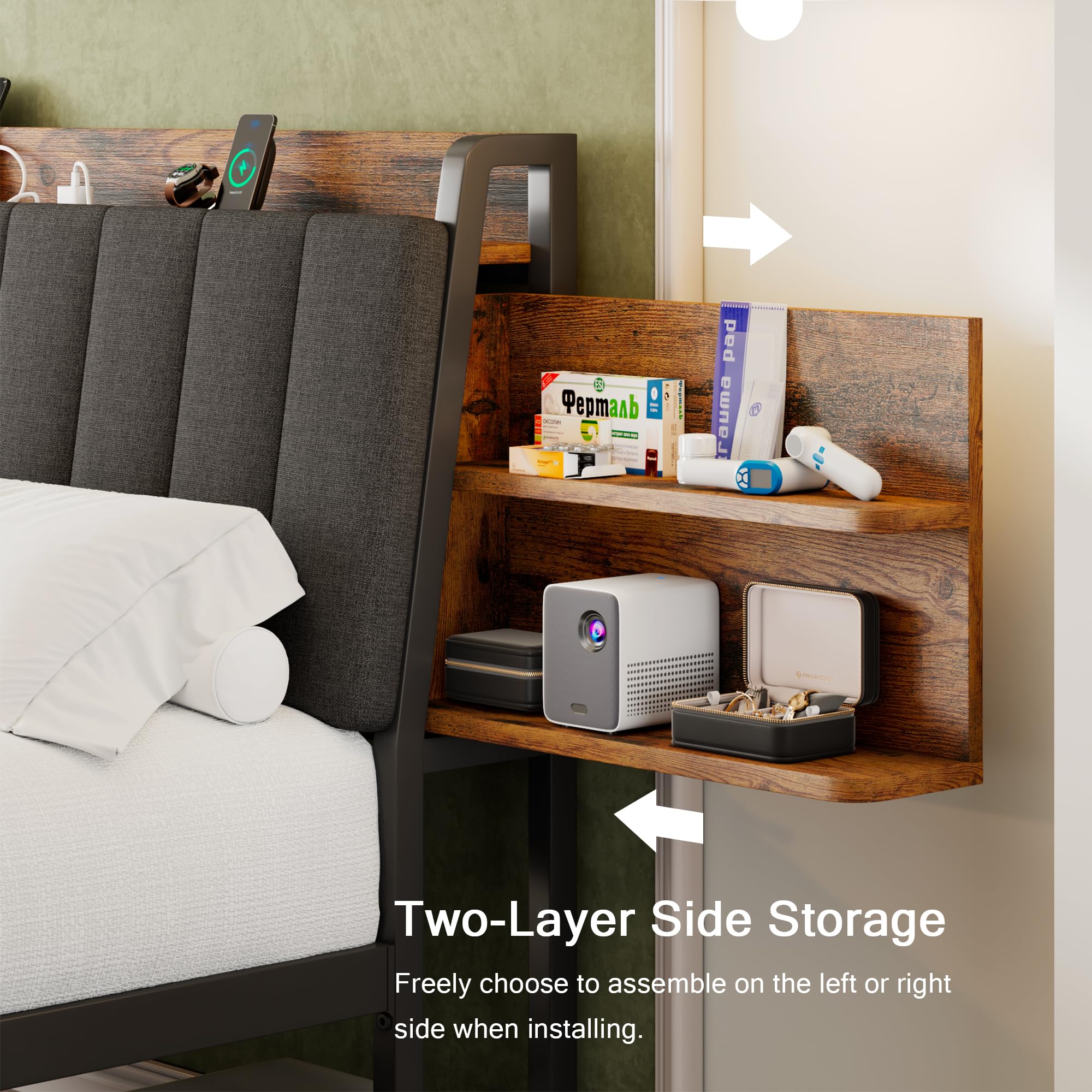 Full Size Metal Bed Frame with 2-Tier Hidden Storage & 2 Drawers - Upholstered Platform Bed with USB Charging Station, Ergonomic Headboard & Reinforced Steel Slats - No Box Spring Required, Easy Assembly - Perfect for Small Bedrooms, Guest Rooms & Modern Apartments