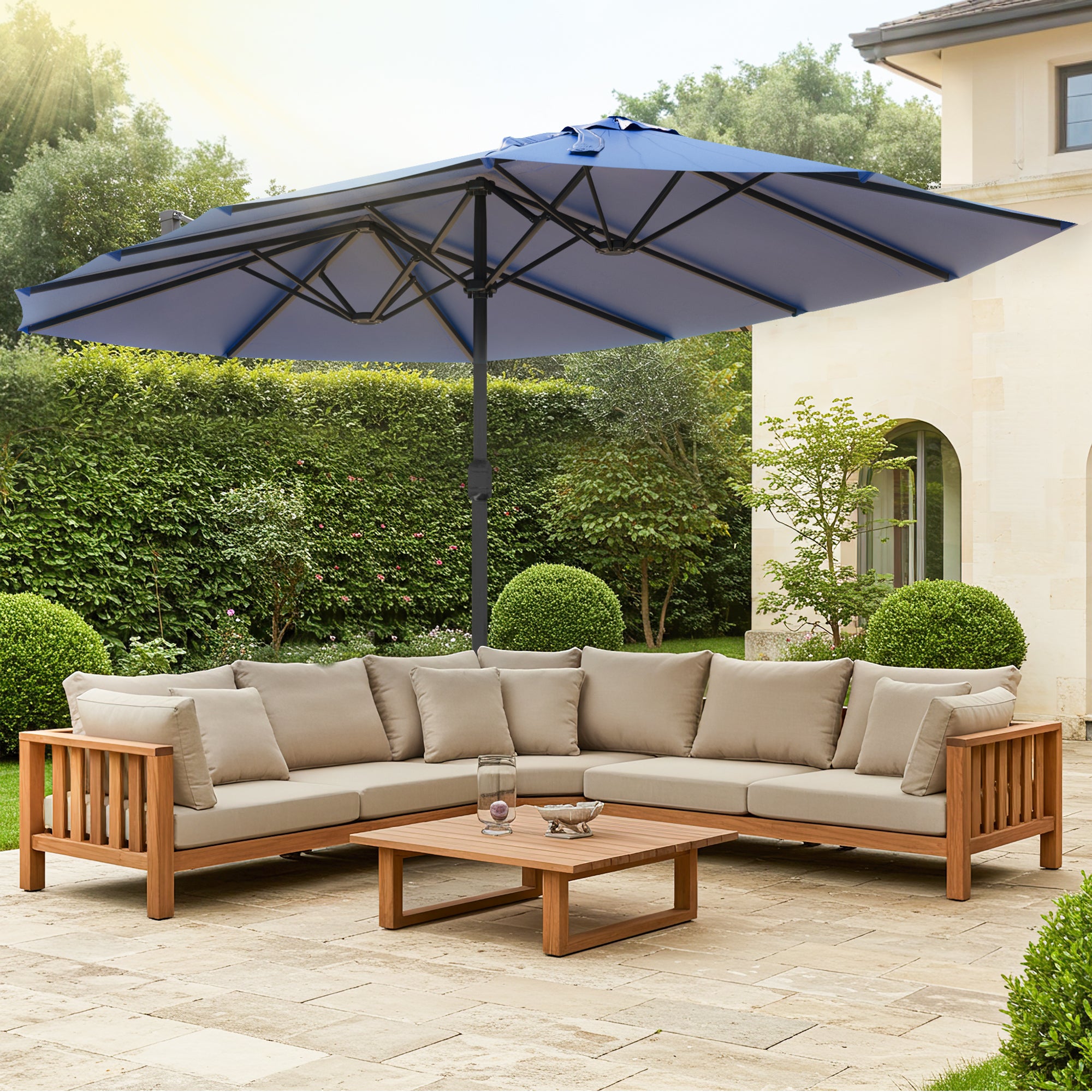 EROMMY 15 X 9 Double Sided Large Outdoor Patio Umbrella in Navy Blue - Perfect for Poolside, Backyard, and Beach Shade