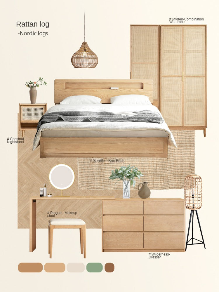Solid Oak Wood Nightstand with Rattan Accents - Stylish Bedside Table for Bedroom Decor, Living Room, or Guest Room