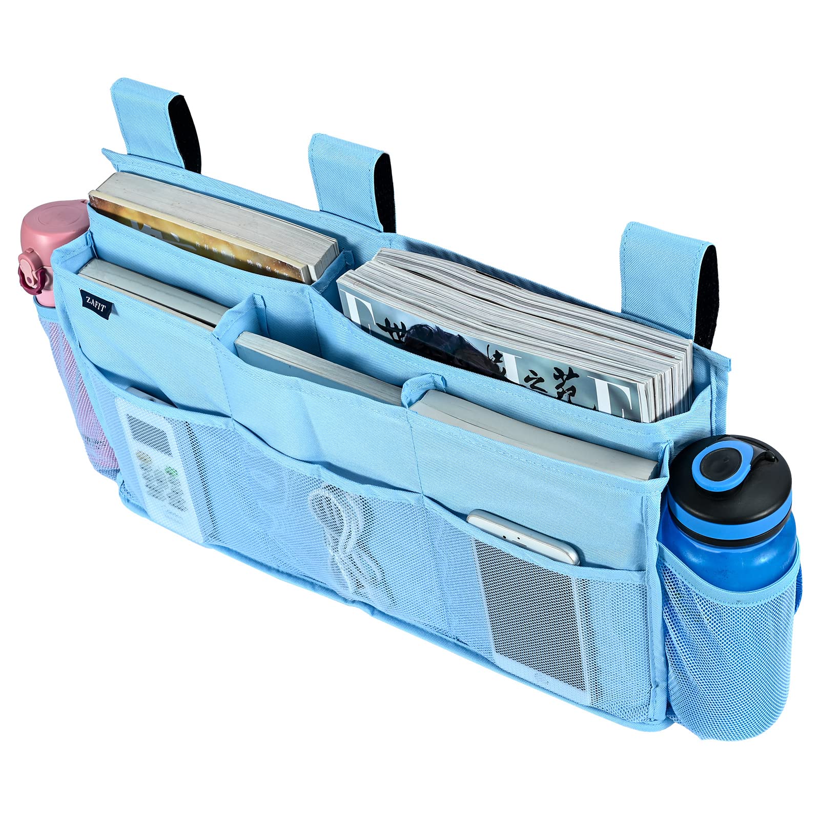 10-Pocket Hanging Bed Organizer - Bedside Caddy for Hospital Beds, College Dorms & Baby Cribs (Blue) | Space-Saving Storage for Phones, Books & Essentials