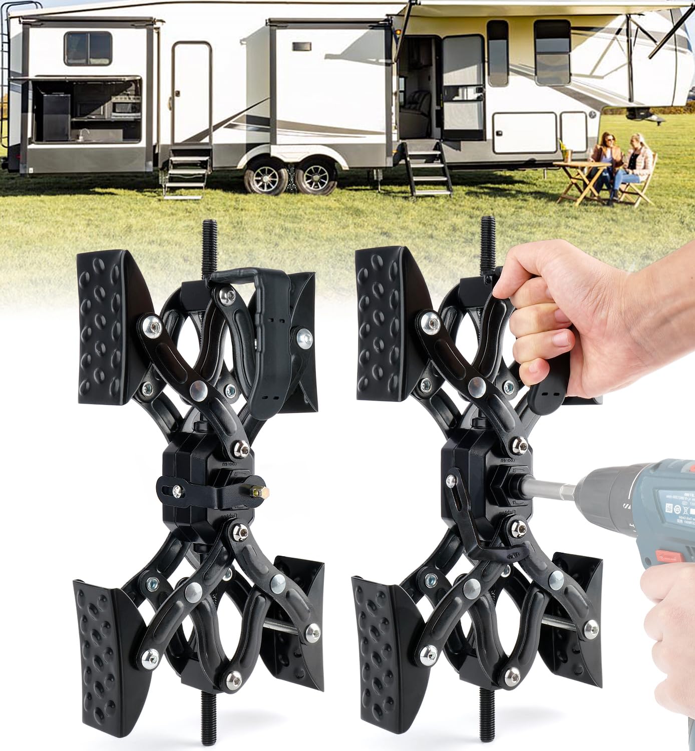 Heavy Duty Adjustable X-Shaped Wheel Stabilizer for Travel Trailers & RVs - 2 Pack Black X-Chock with Drill-Free Installation - Perfect for Camping, Road Trips, and Secure Parking
