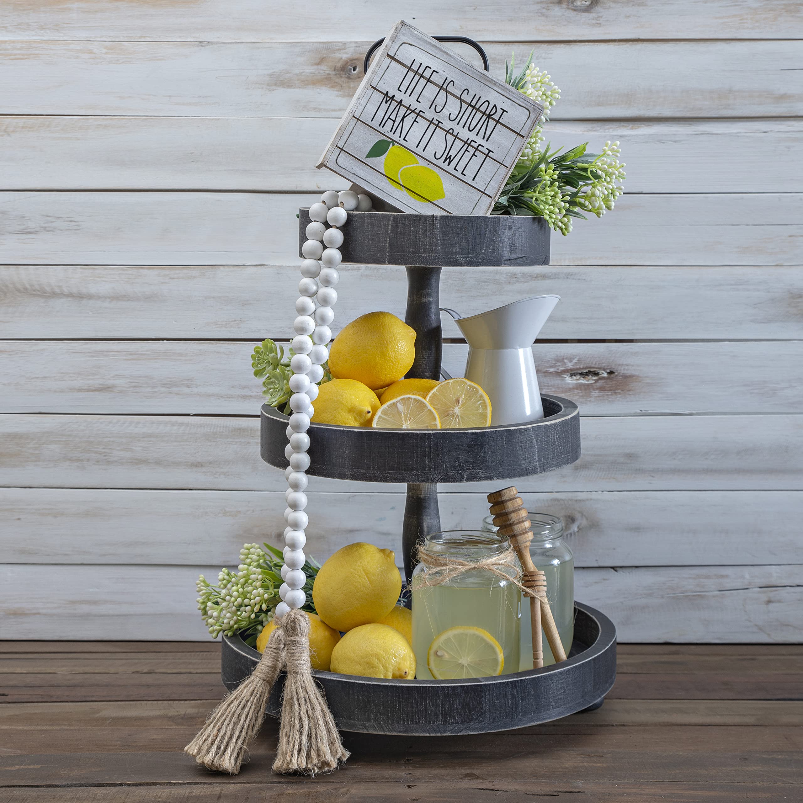 3 Tier Rustic Wooden Tiered Tray with Bead Garland - Farmhouse Decor for Kitchen Counter, Dining Table & Coffee Table - Black Stand Display Organizer for Fruits, Desserts, Home Decor