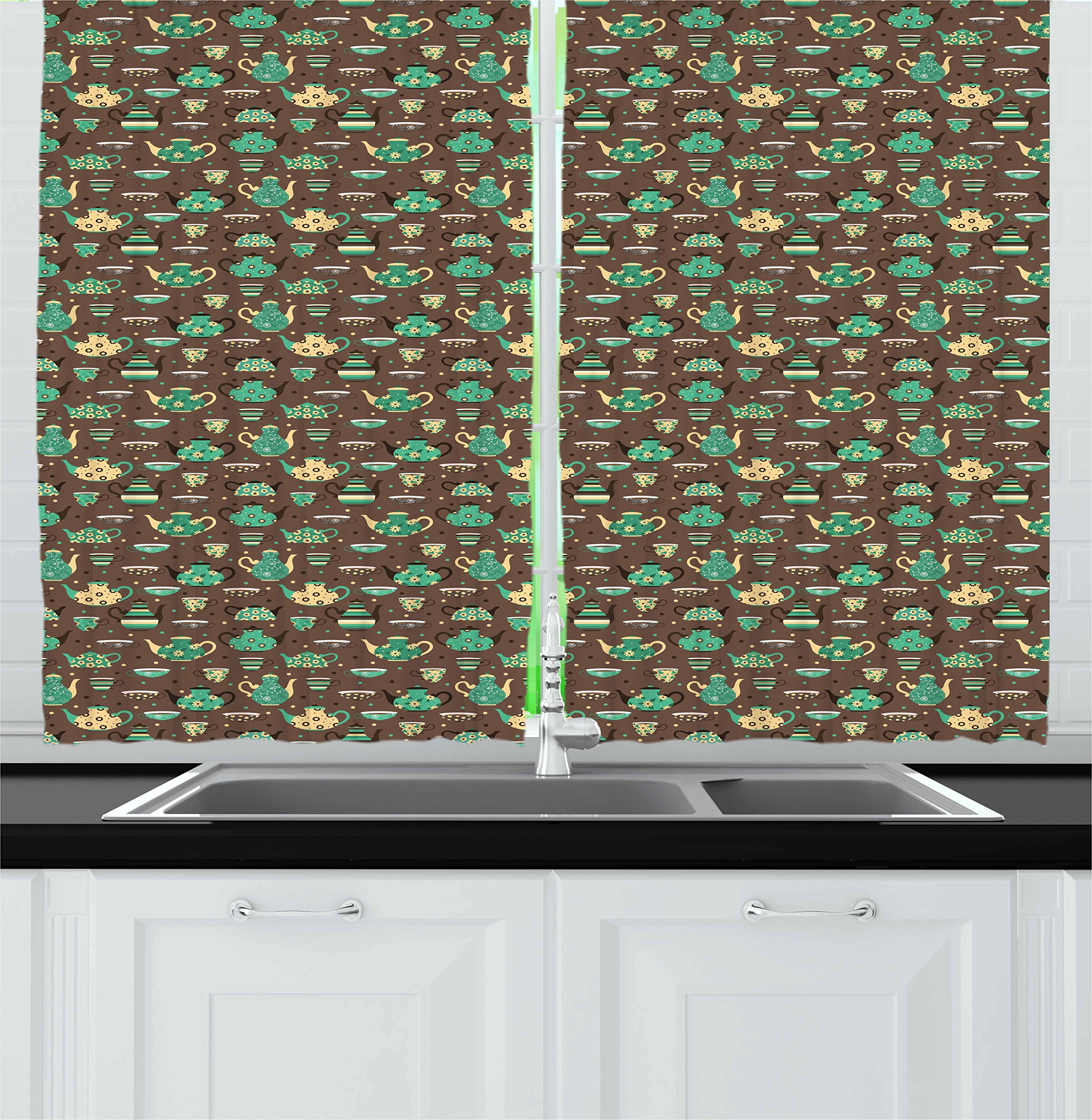 Ambesonne Floral Tea Party Kitchen Curtains Set of 2 - Brown Dotted Background with Cups & Pots Design, 55