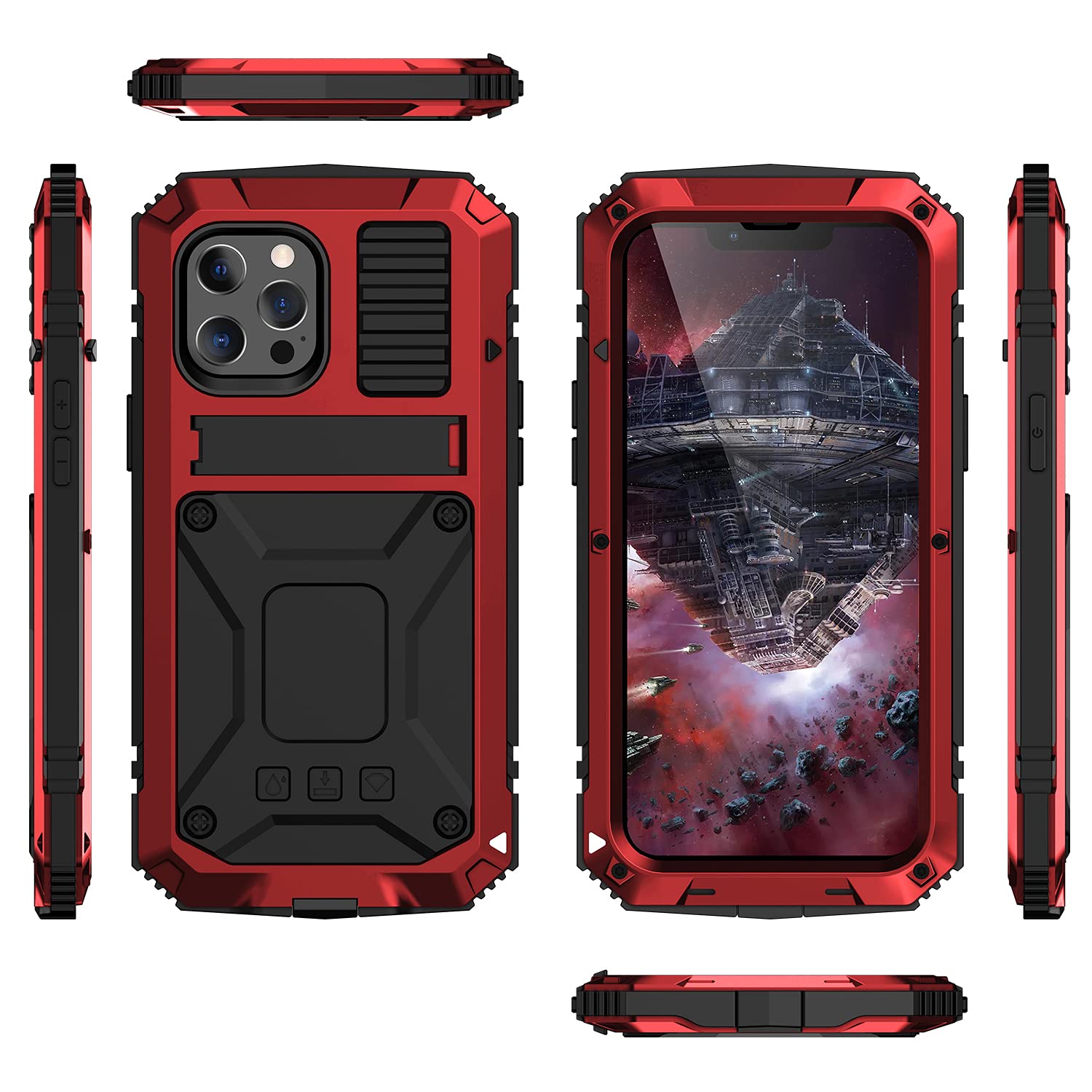 Premium Shockproof Metal Phone Case for iPhone 13 Pro Max (6.7 Inch) - Heavy Duty Protection with Built-in Screen Protector & Stand | Perfect for Outdoor Sports, Travel & Daily Use (Red, 2021 Model)