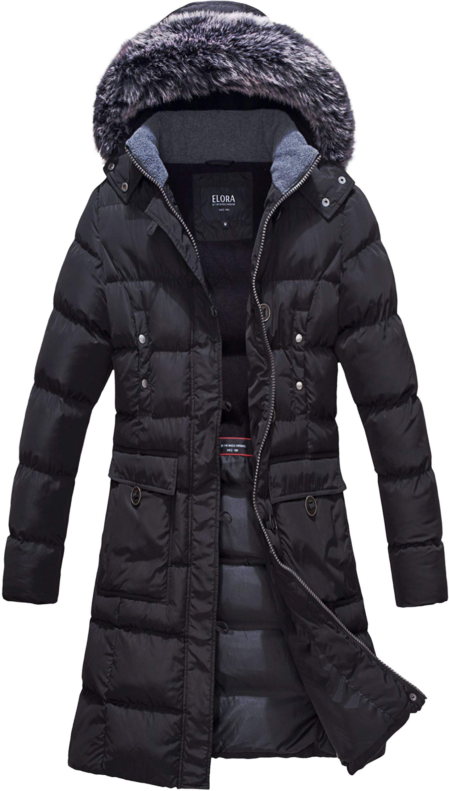 ELORA Women's Winter Coat - Vegan Down Puffer Parka Jacket, Mid-Length Cargo Style with 7 Pockets, Faux-Fur Trim & Removable Hood - Warm Winter Outerwear for Daily Commute, Travel & Outdoor Activities