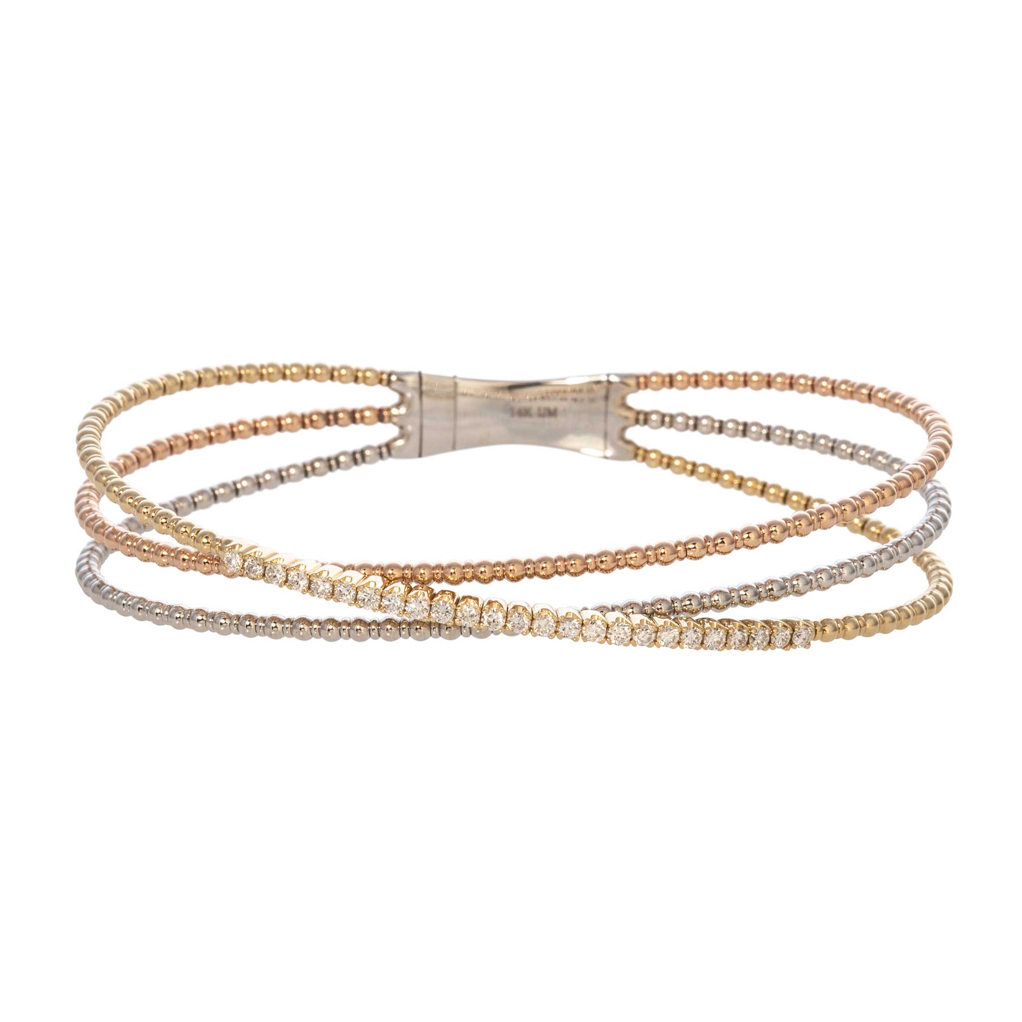 14K Gold Diamond Crossover Beaded Flexible Triple Bangle Stackable Bracelet for Women - Perfect for Weddings, Parties & Everyday Wear