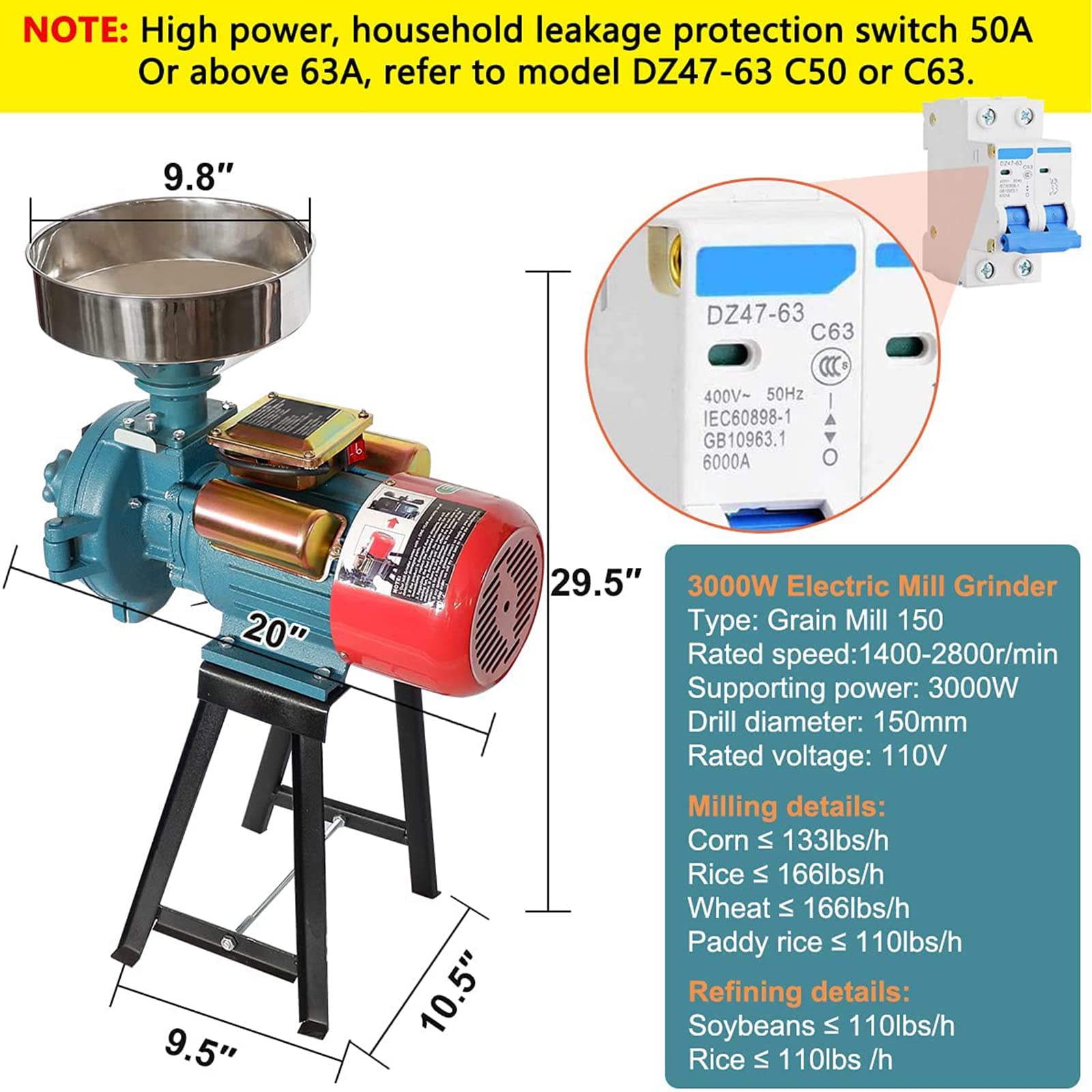 3000W Commercial Electric Grain Mill Grinder - Heavy Duty 110V Corn, Wheat, Coffee & Cereal Grinding Machine with Funnel - Perfect for Bakeries, Coffee Shops & Home Kitchens
