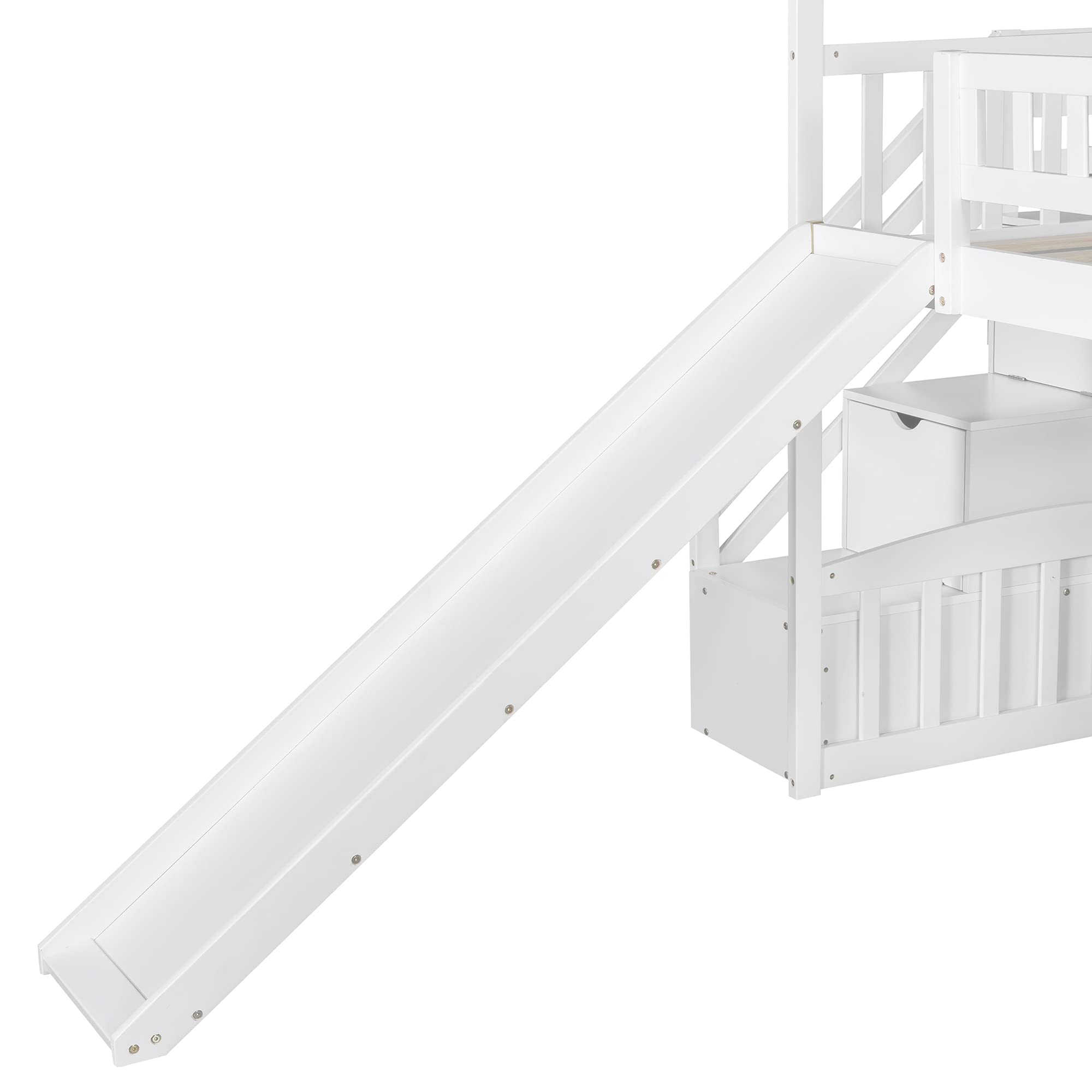 P PURLOVE Twin Over Twin Wooden Loft Bed with Slide, Staircase & Drawers - Kids Bunk Bed with Storage, No Box Spring Needed - Perfect for Small Bedrooms, Playrooms & Space-Saving Kids' Rooms