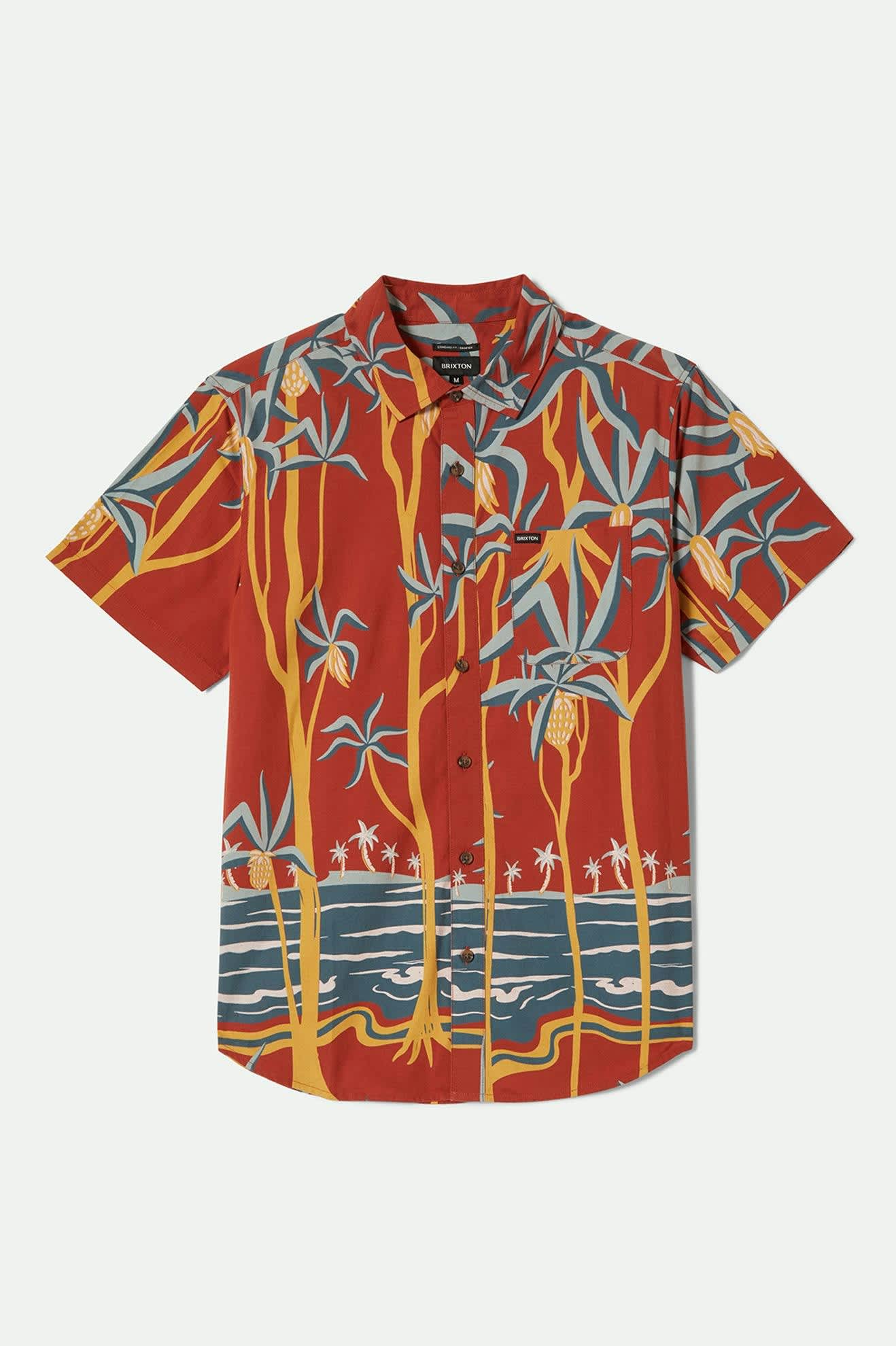 Charter Print Short Sleeve Shirt - Dark Red Scenic Trip Design | Casual Summer Tops for Men | Perfect for Travel, Vacation & Outdoor Adventures