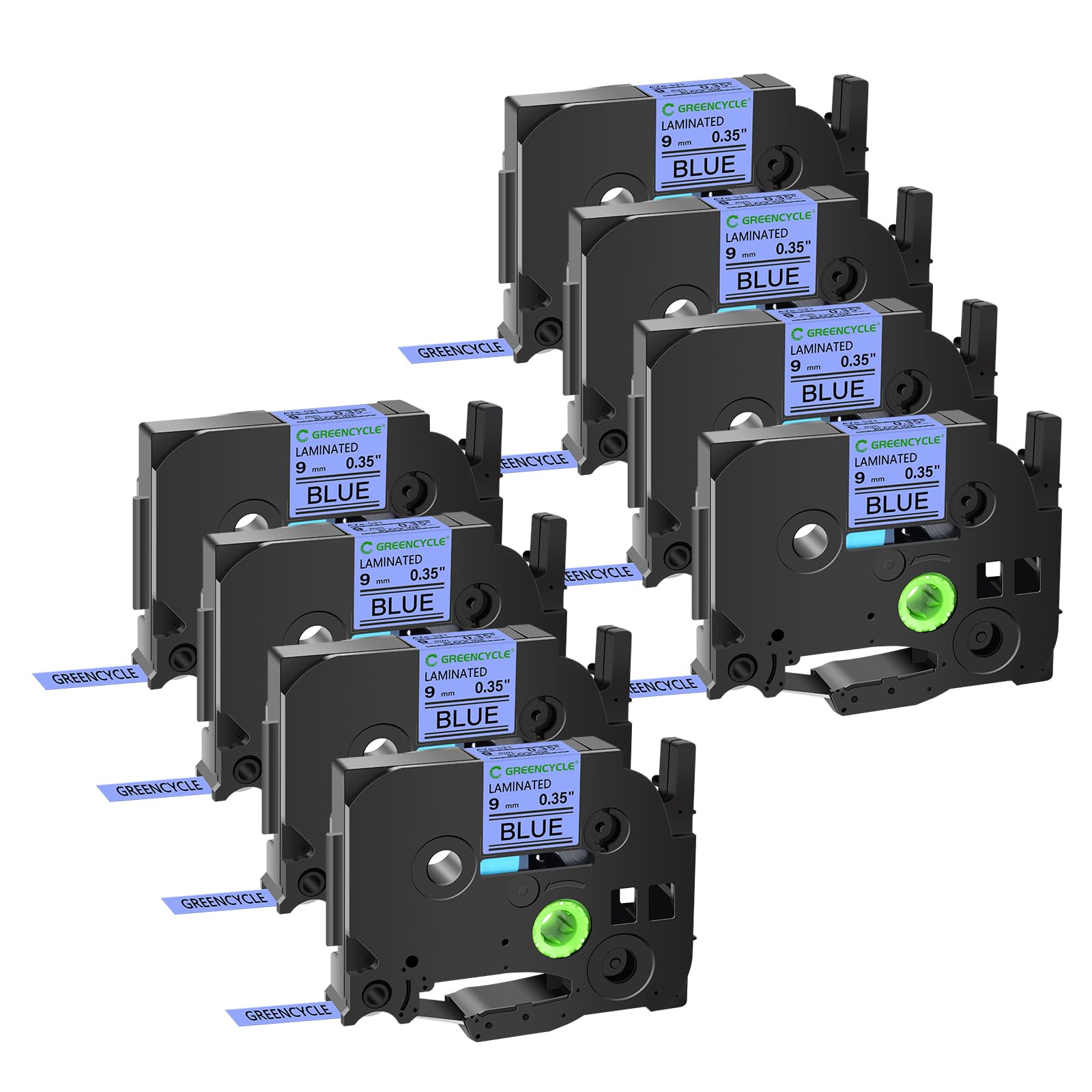 GREENCYCLE 9mm (0.35 Inch) Black on Blue Laminated Label Tape - 8 Pack | Compatible with Brother TZe-521, TZ-521, PTD210, D400AD, D600, PT-H100, PTH110, PT1290, PT-1230PC Printers | Perfect for Office Labeling, Shipping, File Organization & Inventory Management