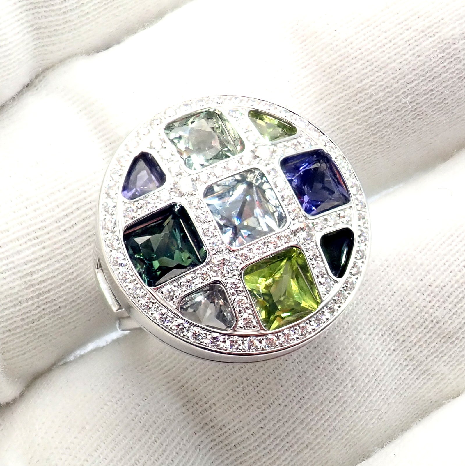 Cartier Pasha 18k White Gold Diamond & Color Stone Ring - Size 6 (52) with Original Box & Papers - Luxury Jewelry for Weddings, Anniversaries & Special Occasions