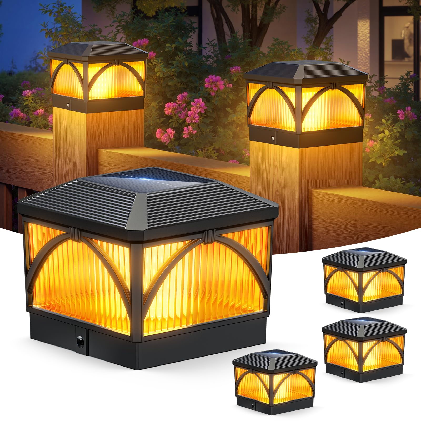 LETMY Solar Post Cap Lights Outdoor 4 Pack - Flickering & Warm White LED Lights for 4x4 Fence Posts, Waterproof Solar Powered Garden Lights for Yard, Deck, Patio, Pathway - Perfect for Vinyl/Wooden Fences & Nighttime Outdoor Decor