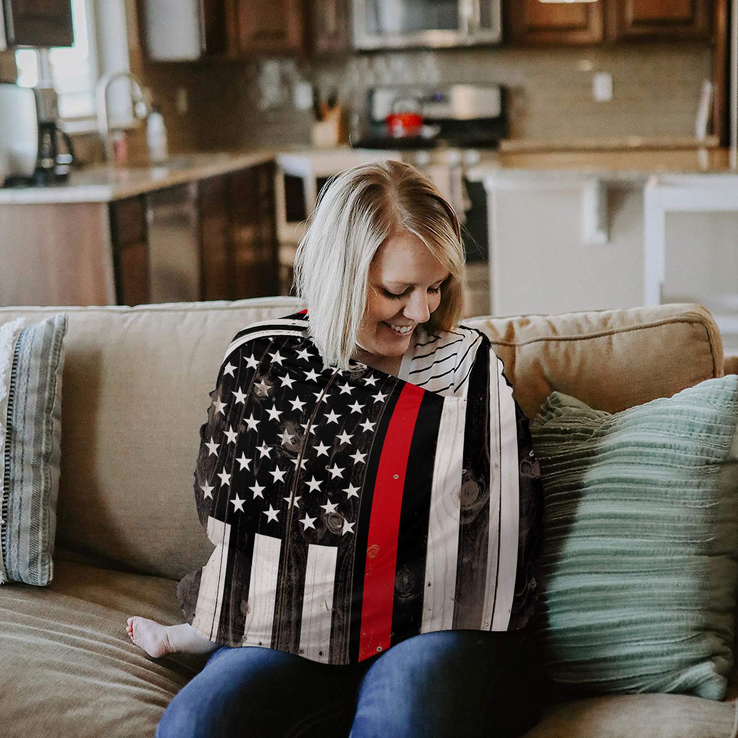 Breastfeeding Nursing Cover - Multi-Use Baby Car Seat Canopy with USA Flag & Thin Red Line Firefighter Design - Stretchy, Breathable Scarf Shawl for Strollers, High Chairs & Shopping Carts - Perfect for Boys & Girls - Ideal for Outdoor Nursing, Shopping & Travel