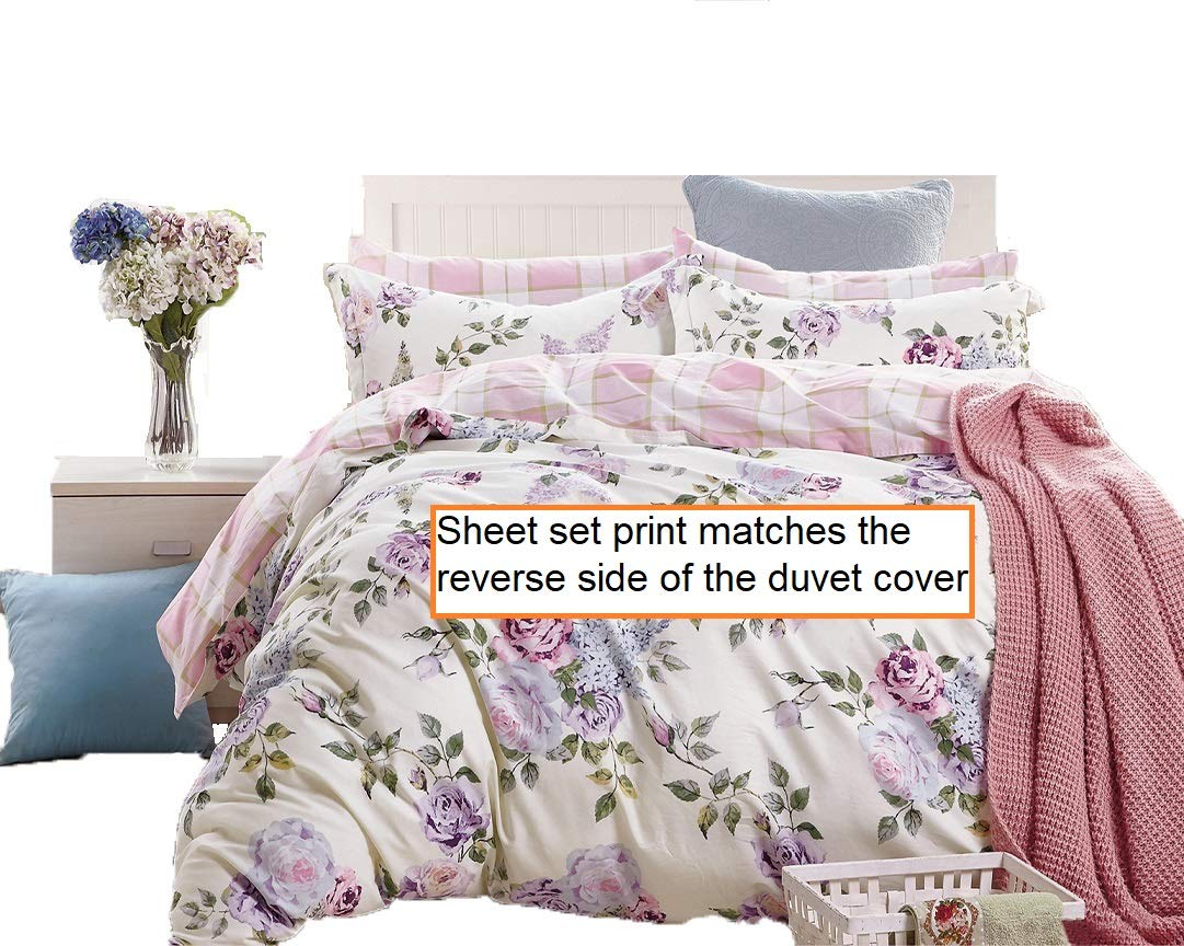 Swanson 100% Cotton Sheet Set with Pink-Purple Roses - Queen Size Bedding Includes Fitted Sheet, Flat Sheet & 2 Pillowcases - Soft Breathable Luxury Bed Sheets for Master Bedroom, Guest Room or Dorm