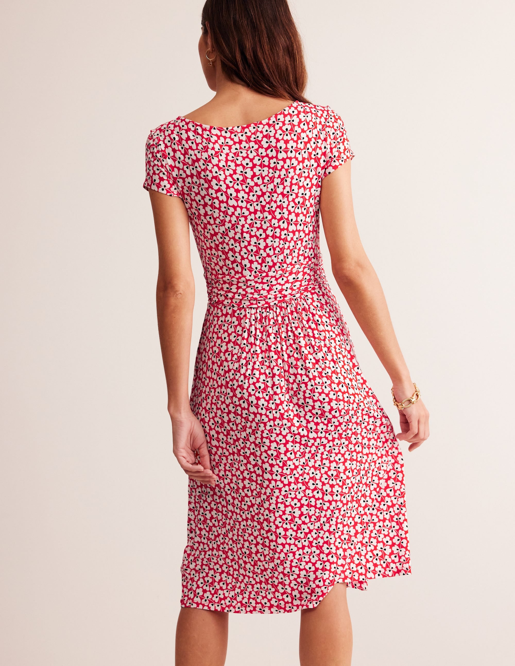 Amelie Jersey Dress in Rouge - Stylish Clover Whirl Print for Women | Perfect for Casual Outings, Summer Parties & Beach Vacations