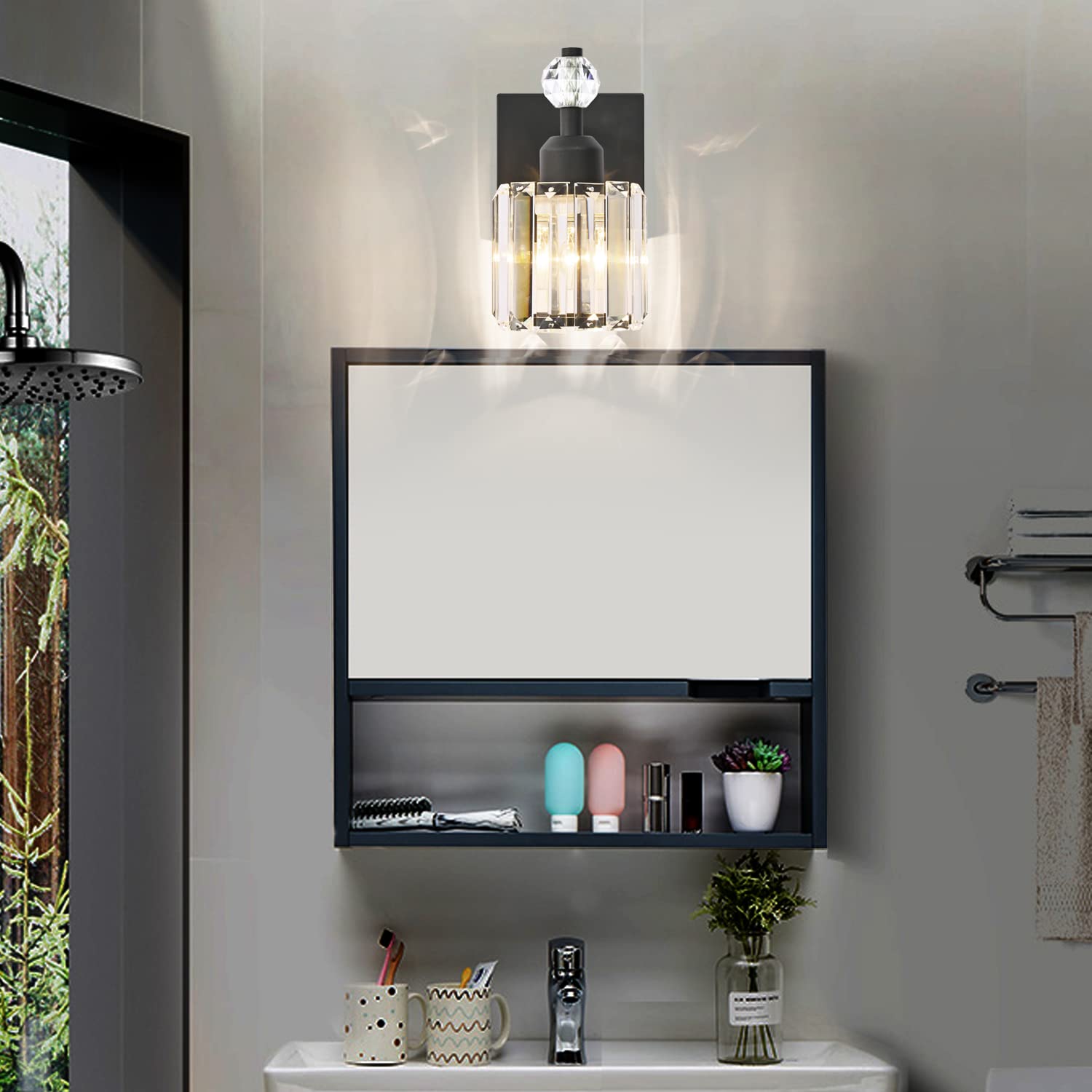 Modern Black Crystal Vanity Light Fixture - 1 Light Bathroom Wall Sconce for Mirror Lighting | Elegant Bathroom Decor for Master Bath, Powder Room & Guest Bath