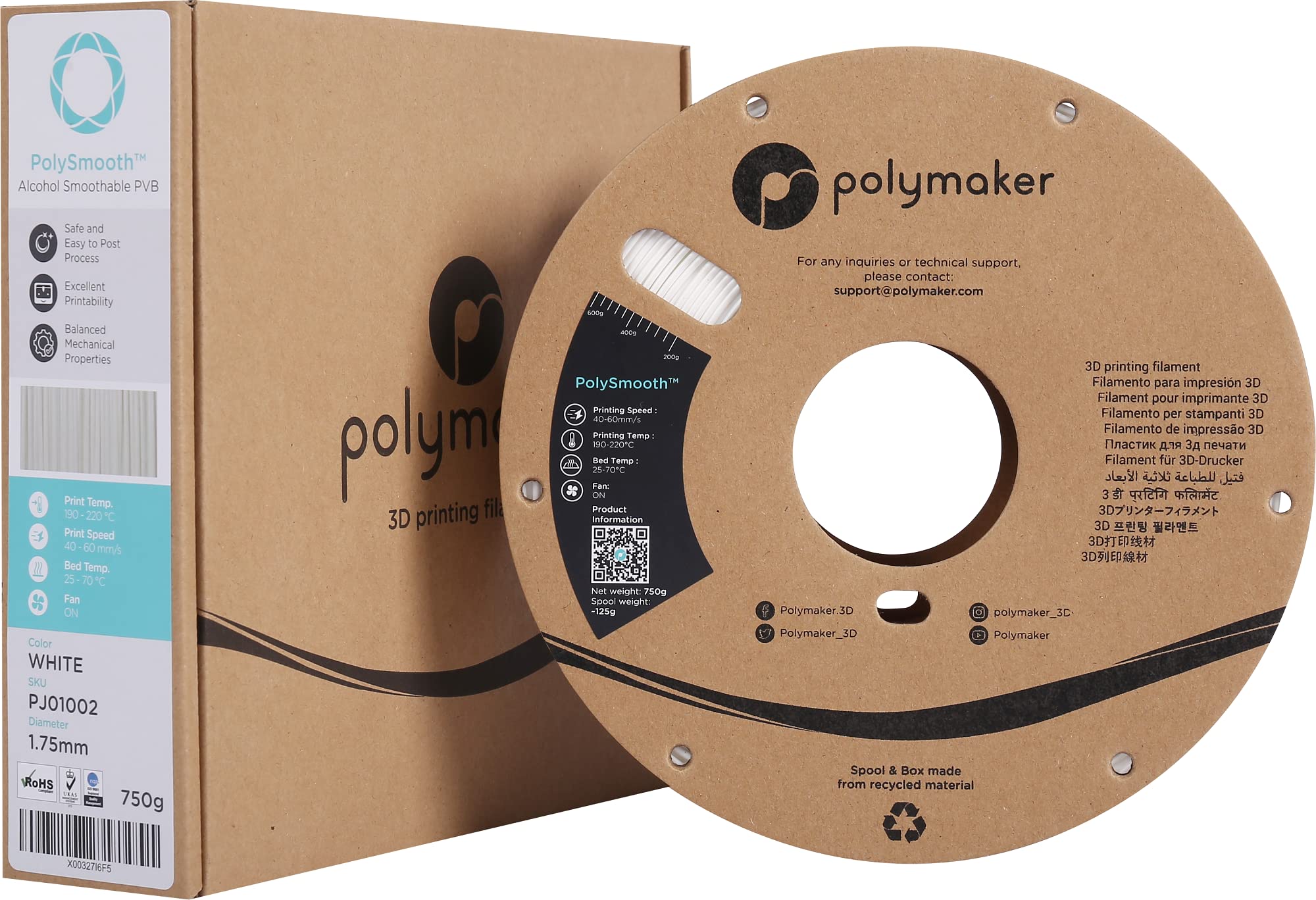 Polymaker PolySmooth PVB 3D Printer Filament 1.75mm White - 750g Cardboard Spool | Easy Smoothing with IPA Alcohol | Compatible with Polysher | Ideal for Miniatures, Cosplay Props & Functional Prototypes