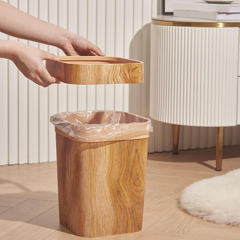 Eco-Friendly Wood Grain Trash Bin - Small Wastebasket for Office, Bathroom & Bedroom | Cabilock Garbage Can with Toilet Paper Holder | Durable Dustbin for Home & Office Use