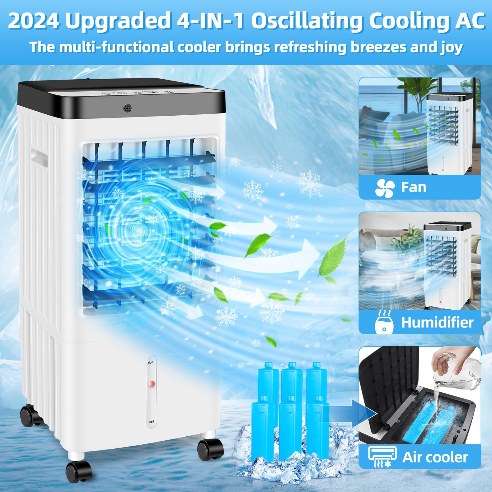 2024 Upgraded Portable Air Conditioner - 3-in-1 Evaporative Cooler with XL Water Tank, Timer, 3 Speed Settings & 70° Oscillation - Perfect for Bedroom, Living Room, Office & Kitchen Cooling