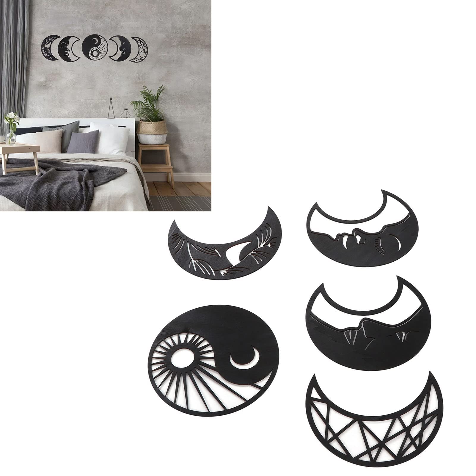 Moon Phase Wall Decor - 5pcs Wooden Nordic Wall Art for Bedroom & Living Room