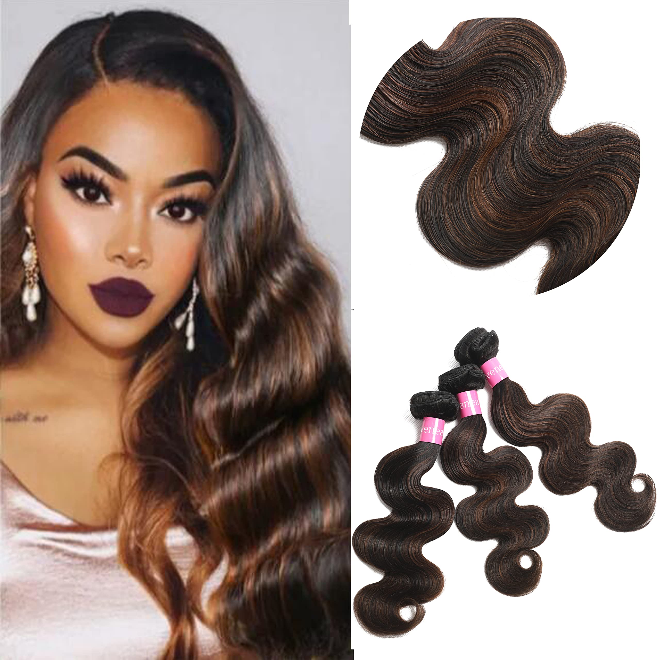 Premium 16 18 20 Inch Brazilian Virgin Human Hair Extensions - 3 Bundles Body Wave 10A Grade Ombre Brown (F1B/30 Color) for Natural Look & Styling - Perfect for Daily Wear, Parties & Special Occasions
