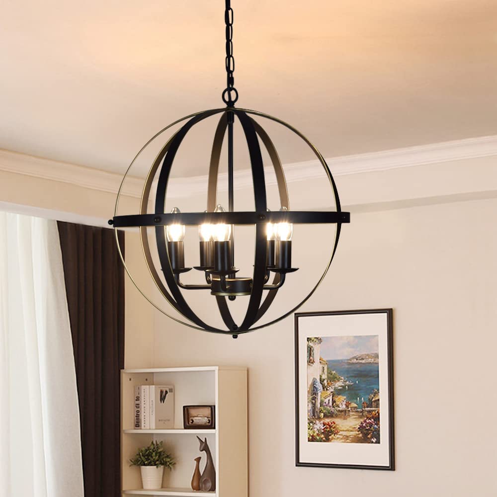 Depuley Rustic 5-Light Globe Chandelier - Adjustable Hanging Pendant Light Fixture with Spherical Metal Shade for Kitchen, Dining Room, Living Room, Hallway & Entryway (Burnished Gold/Matte Black) - Perfect for Farmhouse, Industrial & Modern Home Decor