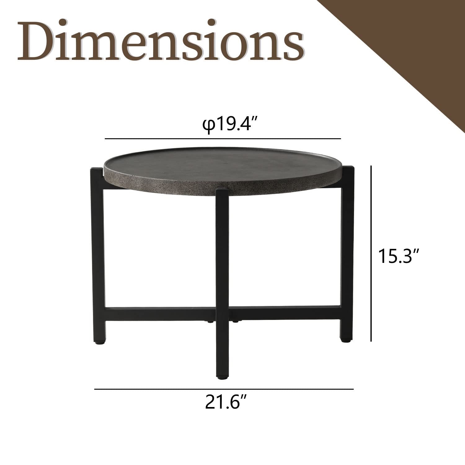 Dark Grey Outdoor Side Table - 15.3''H x 21.6''W Round Patio Coffee Table with Concrete Finish & Metal Frame - Perfect for Poolside, Garden, or Balcony Relaxation