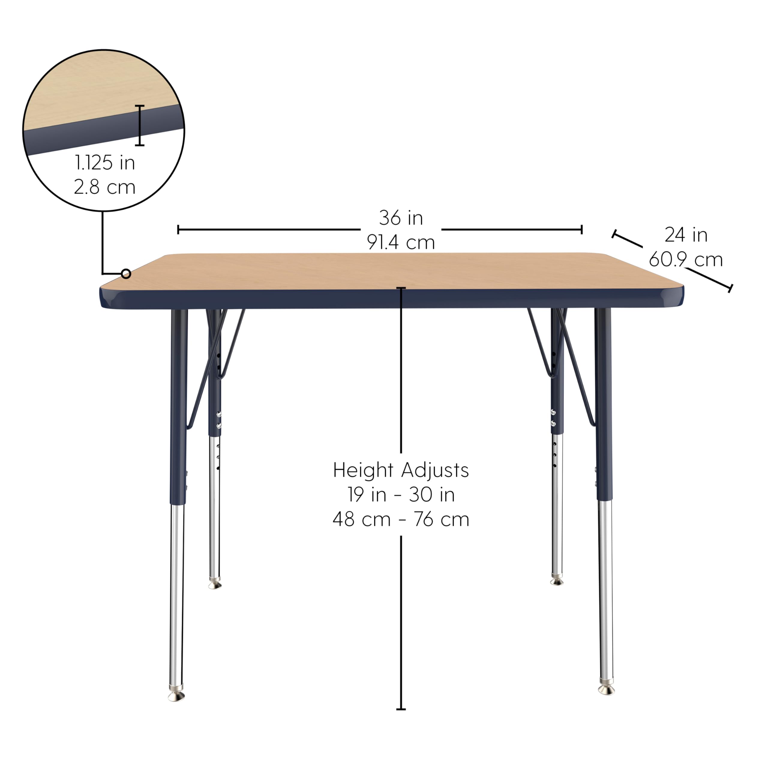 Adjustable Height Rectangle Activity Table 24x36 Inch - Maple Top with Black Edge, Swivel Glides & Standard Legs for School, Office, Home Study or Conference Room - Perfect for Classrooms, Workspaces & Multi-Purpose Areas