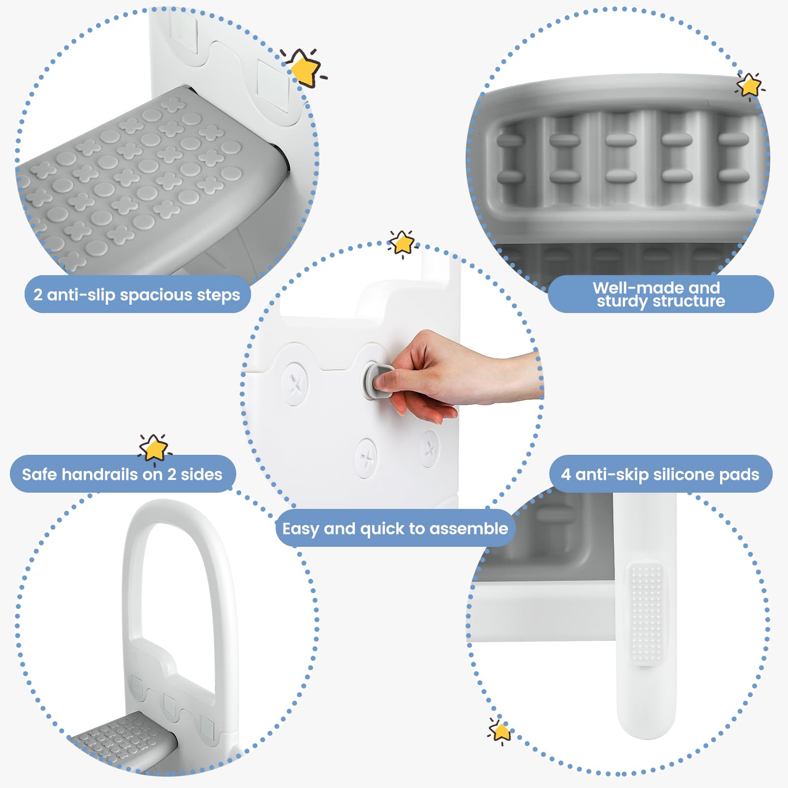 GARVEE 2 Step Stool with Handles for Kids - Anti-Slip Sturdy Toddler Step Stool for Potty Training, Bathroom & Kitchen - Safe Standing Helper for Children (Grey) - Perfect for Toilet Training, Washing Hands & Reaching Countertops