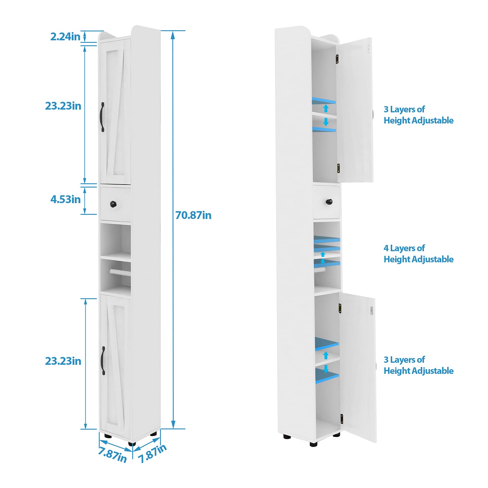 Adjustable Bathroom Storage Cabinet with 8 Compartments & Retractable Toilet Paper Holder - White Narrow 2-Door Tall Cabinet for Small Spaces | Perfect for Bathroom Organization, Apartment Living & Space-Saving Storage Solutions
