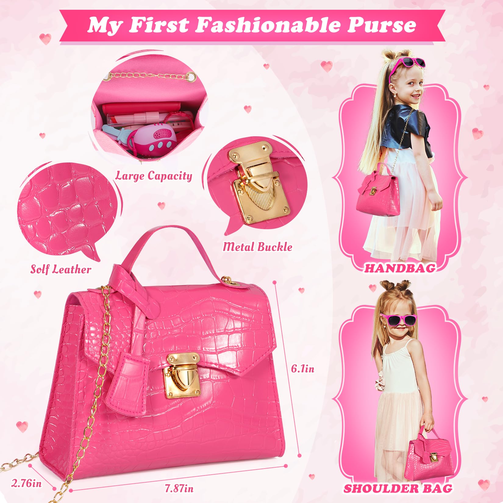Kids Play Purse Set with Makeup & Jewelry - Dress Up Toy for Girls 3-6