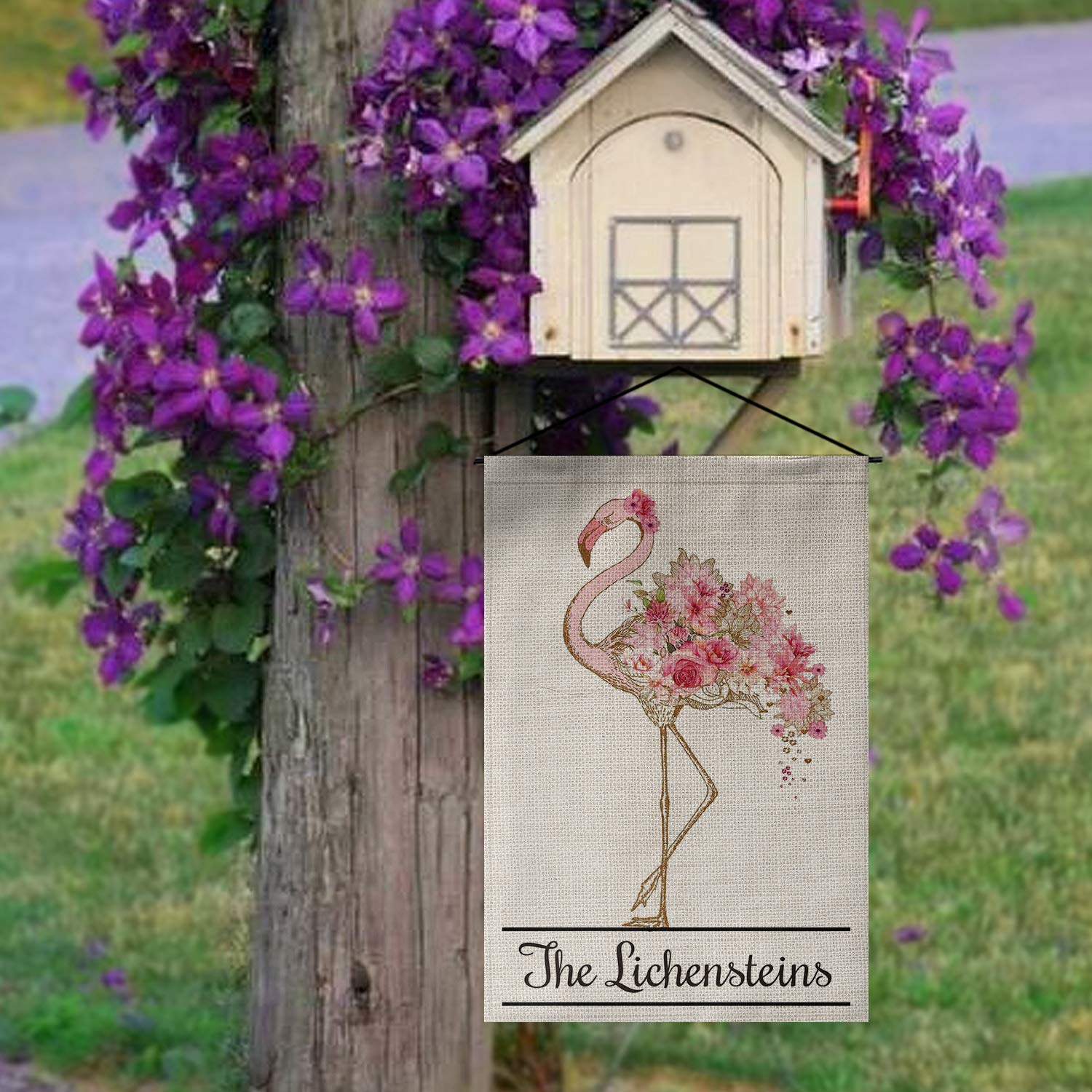 Personalized Flamingo Garden Flag - Custom Family Name Summer Spring Flower Decor - Double Sided 12x18 Inch Rustic Farmhouse Burlap - Perfect for Yard, Outdoor & Porch Decoration - Great Gift for Mother's Day & Housewarming
