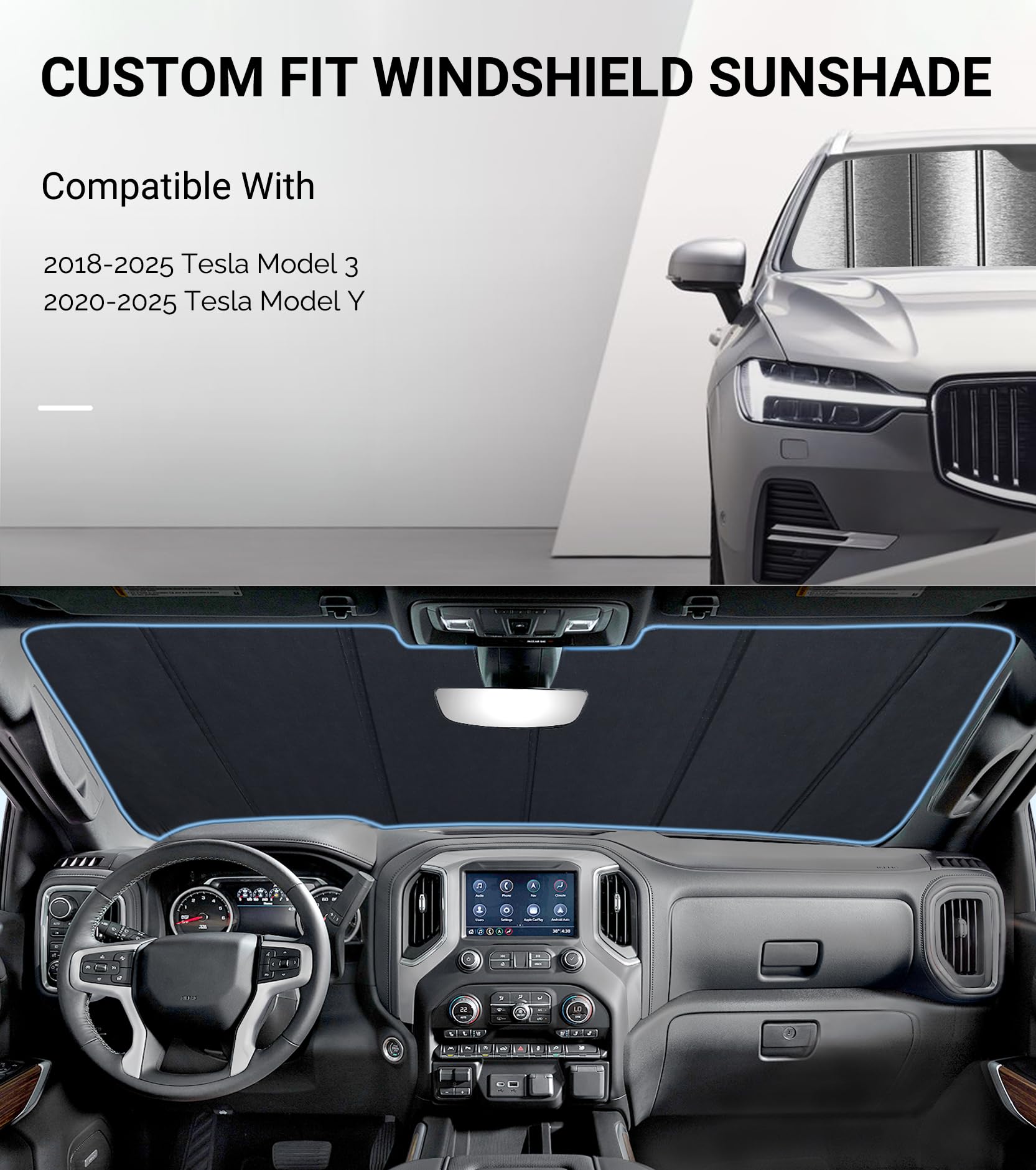 Premium Car Windshield Sunshade for Tesla Model 3 (2018-2025) & Model Y (2020-2025) - Reflective Metallic Sun Protector for UV Ray Blocking & Heat Reduction - Perfect for Summer Parking & Interior Protection