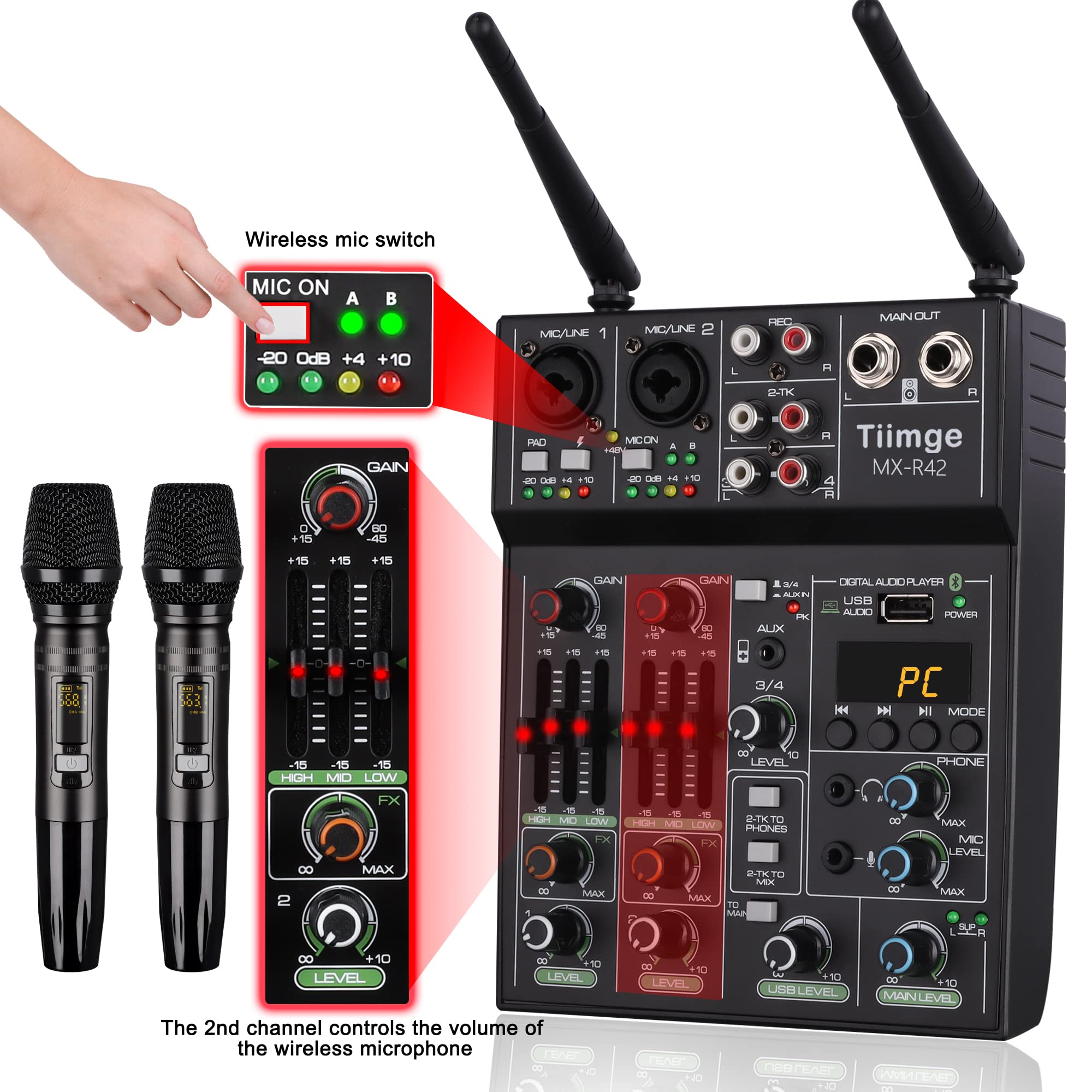 Professional 4-Channel Audio Mixer with Dual Wireless Microphones, USB/Bluetooth/MP3 Input, 48V Phantom Power - DJ Mixing Console for Karaoke, Live Performances & Home Studios | Perfect for DJs, Musicians & Podcasters