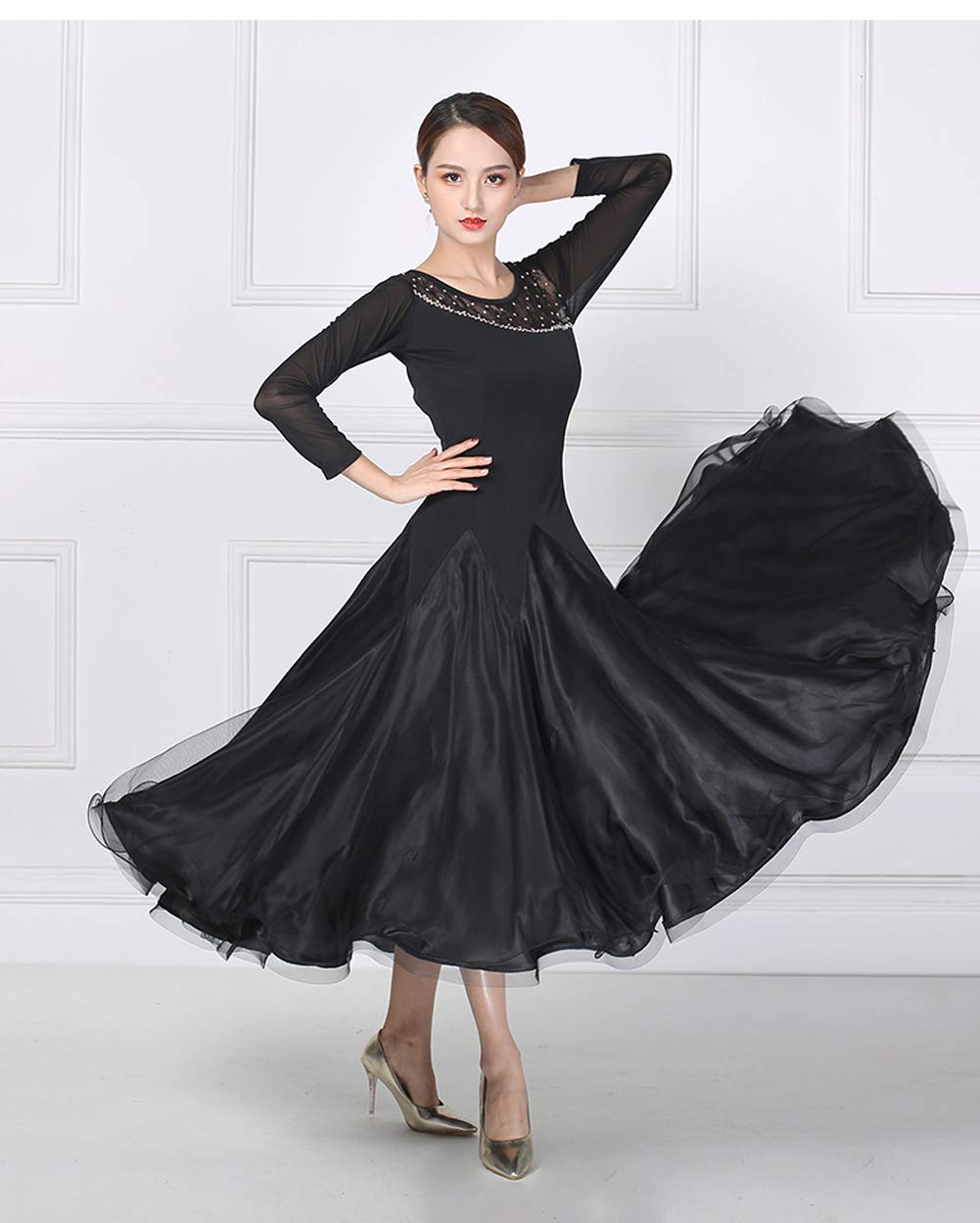 Elegant Ballroom Dance Dress for Women - Long Sleeve Slim Fit Waltz Performance Costume | Competition Standard Outfit for Latin, Standard & Social Dancing