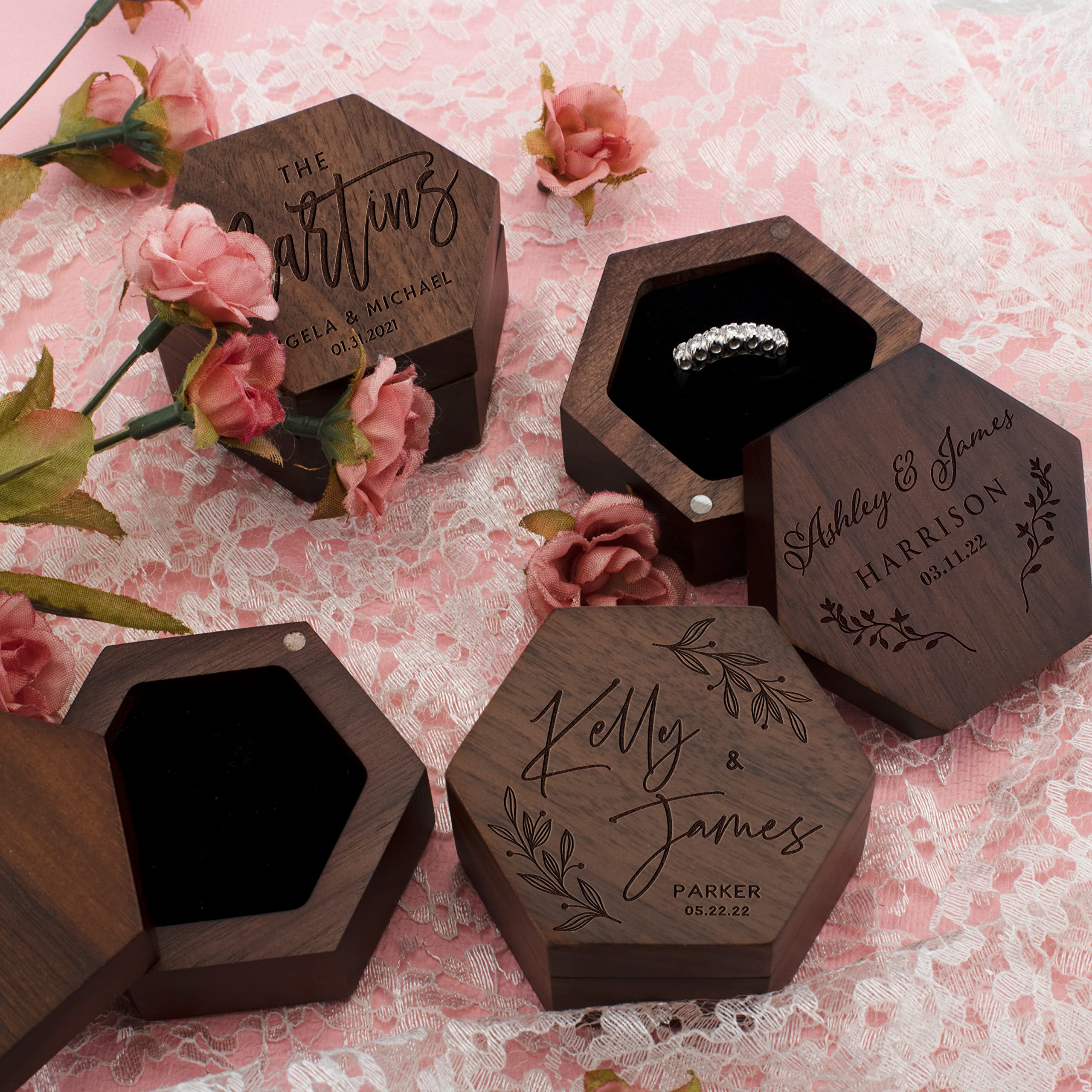 Personalized Wooden Ring Box - Custom Engraved Ring Bearer Box with Name & Family Name - Heart-Shaped Wedding Ring Holder for Proposals - 8 Unique Designs - Perfect for Engagement Ceremonies & Wedding Keepsakes (Ideal for Proposals, Vow Renewals, Anniversary Gifts)