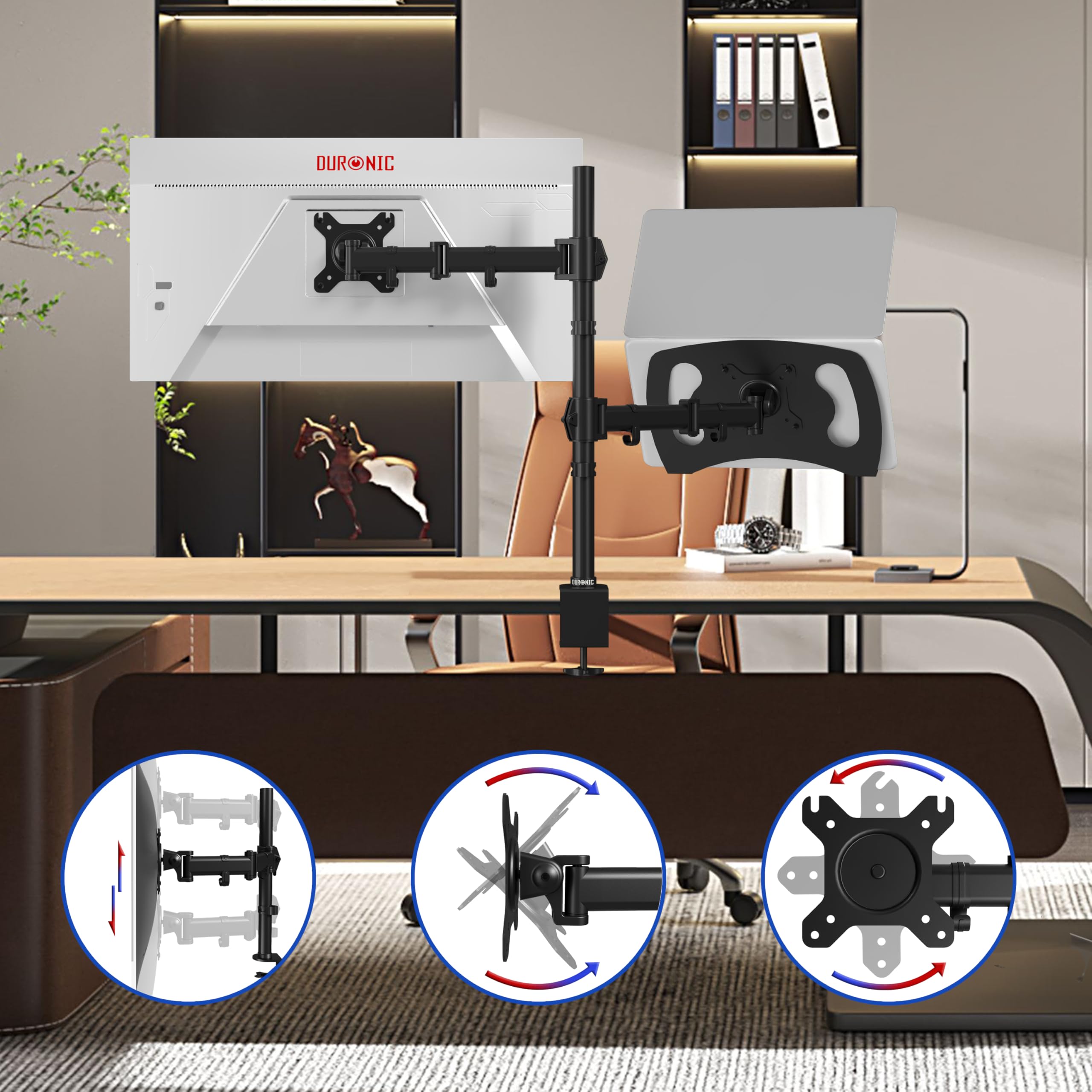 Duronic DM25L1X1 Single Monitor Stand - Adjustable Dual Arm Desk Mount for 13-27 inch LCD/LED Screens, Laptops & TVs | VESA 75/100 Compatible | 360° Rotation, 180° Swivel, -90° to +35° Tilt | Perfect for Home Office, Gaming & Workspace Setup