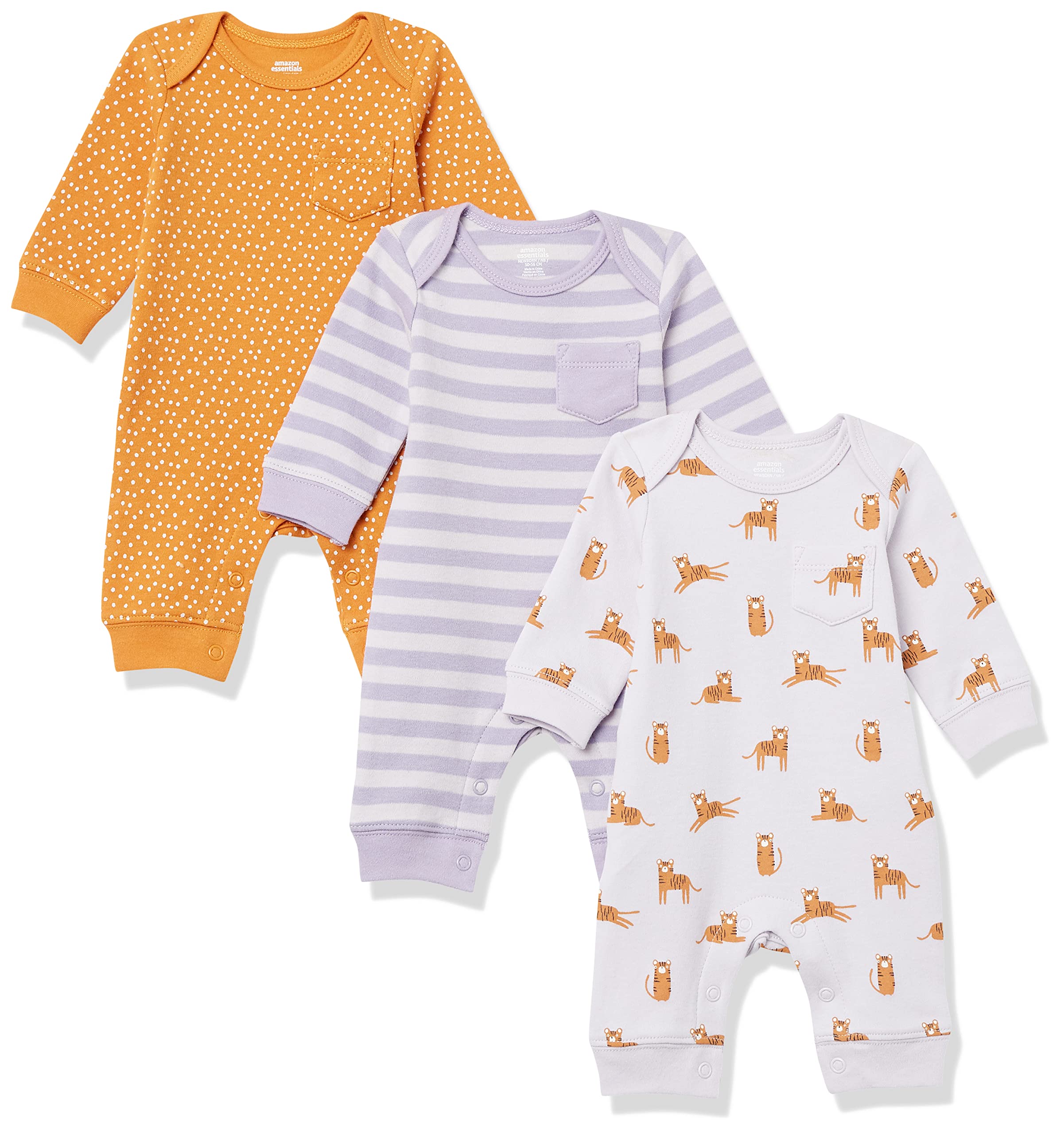 Amazon Essentials Baby Girls' Long-Sleeve Coveralls Multipack - Soft Cotton Romper Jumpsuits for Infants & Toddlers (3-Pack) - Perfect for Playtime, Daycare & Family Outings