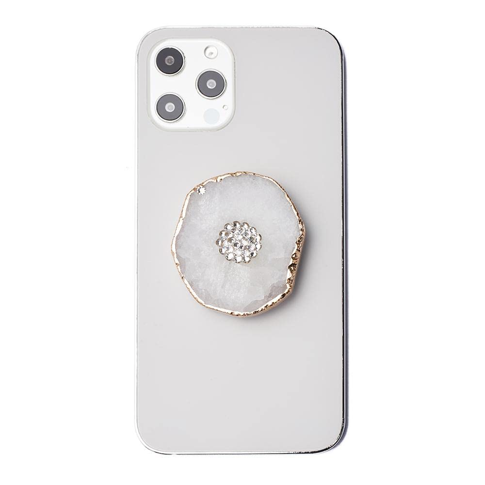 Premium White Agate Crystal Phone Grip Stand - Natural Druzy Quartz Healing Stone with Gold Trim for iPhone & Android Smartphones | Perfect for Home, Office & Travel Use