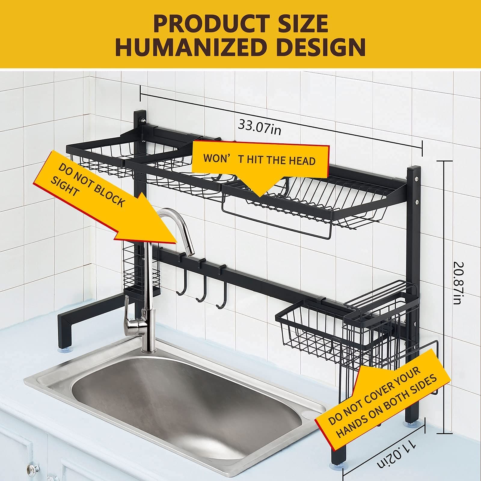 E&F Stainless Steel Dish Drying Rack Over The Sink - 33x11x21 Inch Kitchen Organizer with Utensil Holder | Perfect for Small Spaces, Apartment Living & Efficient Dish Drying