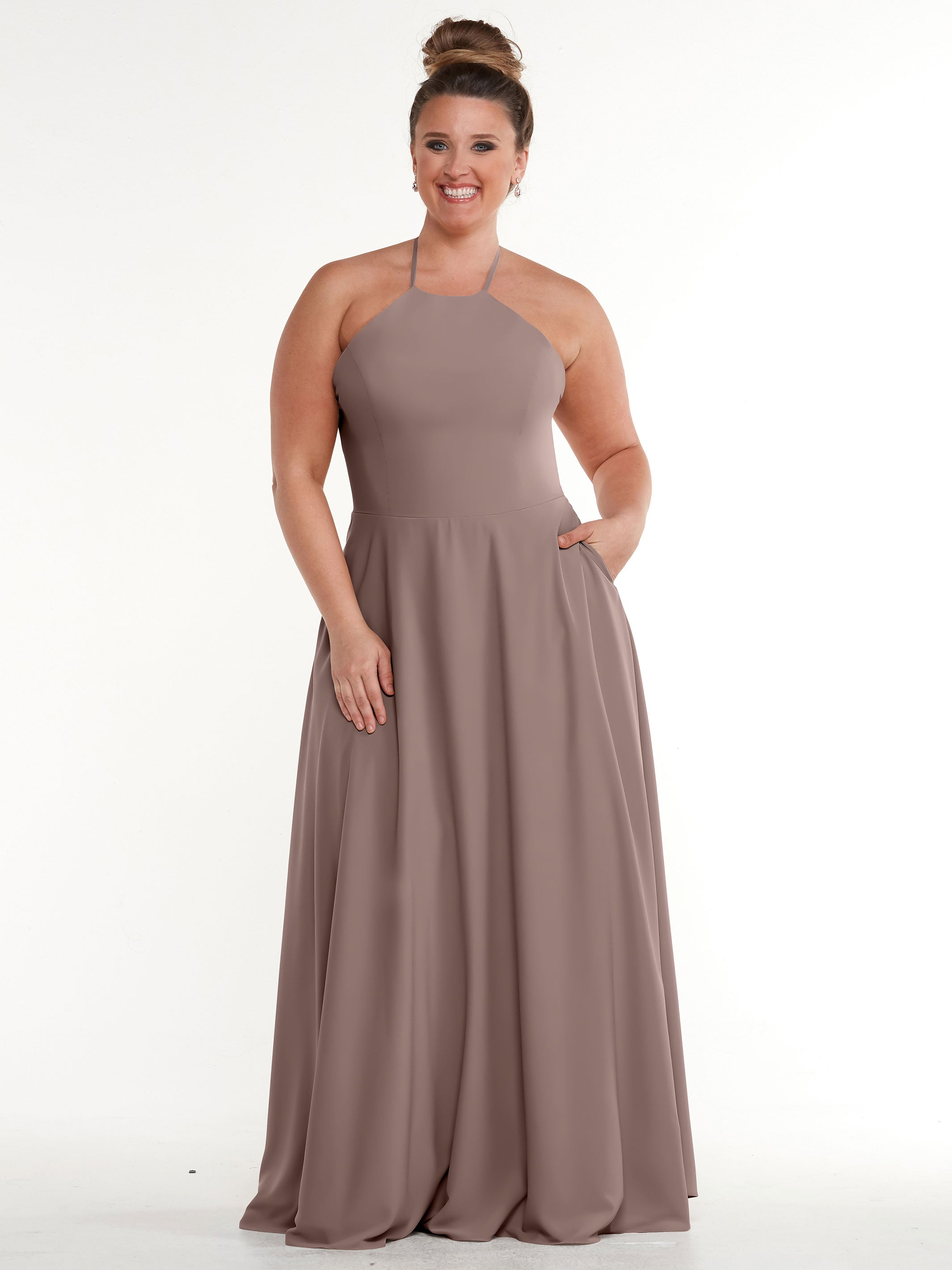 Elegant 83022 Stretch Chiffon Halter A-Line Bridesmaid Dress with Pockets - Perfect for Weddings, Parties & Formal Events