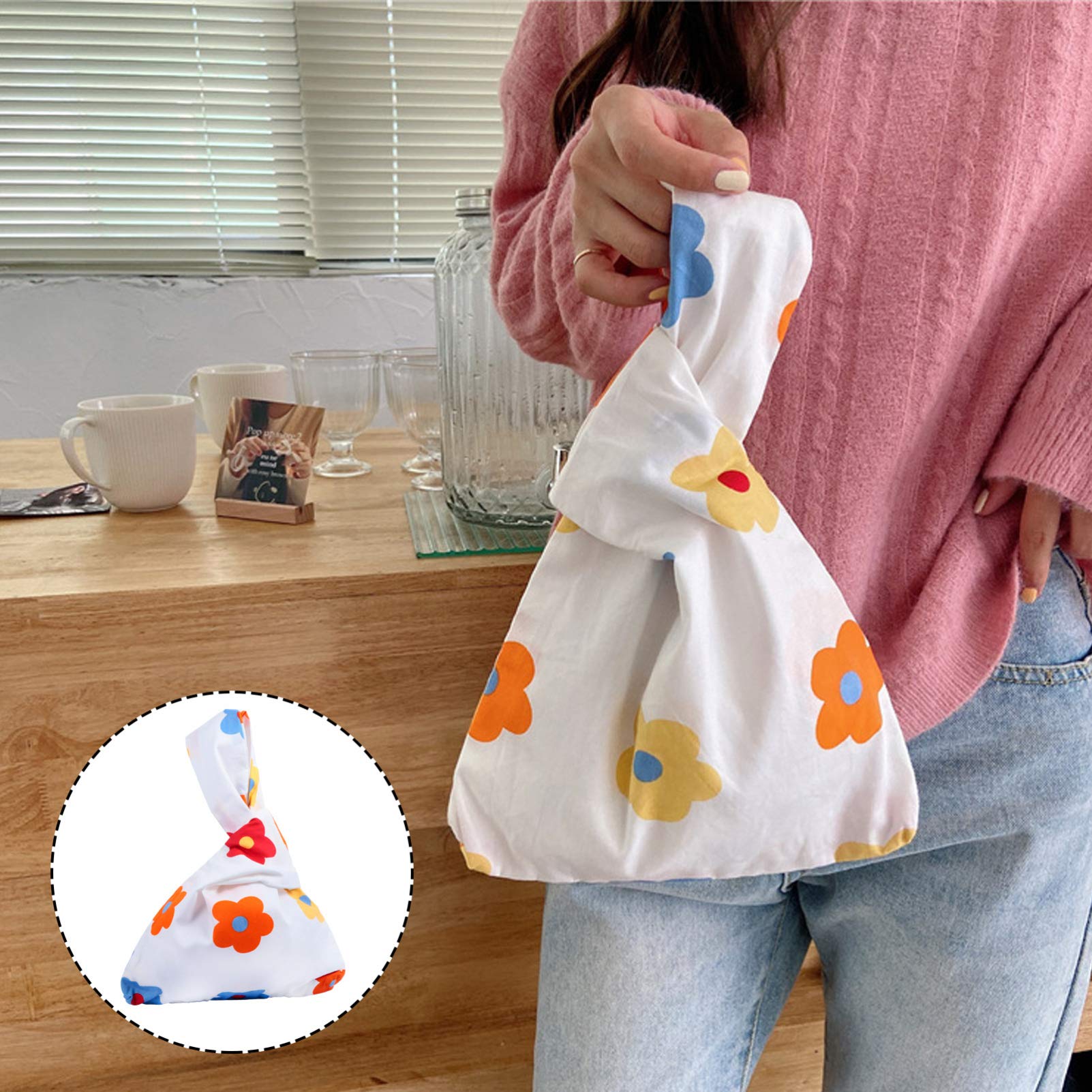 VALICLUD Cotton Flower Tote Bag - Japanese Style Wrist Handbag with Knot Closure | Casual Beach Bag, Shopping Tote, Summer Accessory for Women