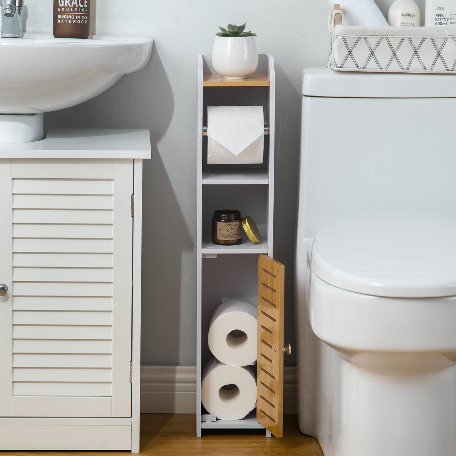AOJEZOR 2-Pack White & Bamboo Toilet Paper Holder with Roll Extender - Waterproof Bathroom Storage Cabinet for Small Spaces | Perfect for Compact Bathrooms, Powder Rooms & RVs