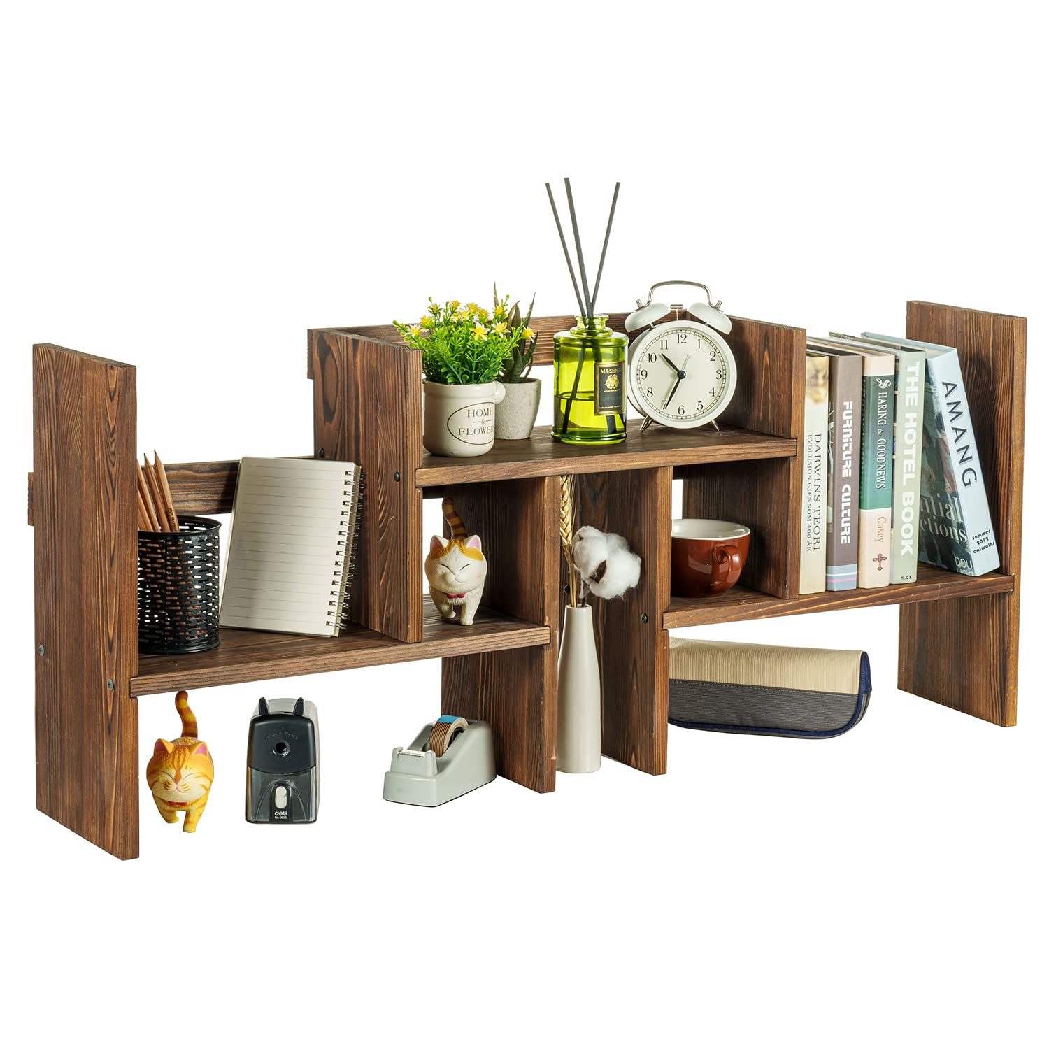 MyGift Adjustable Desktop Shelf - Rustic Solid Wood Stackable Bookshelf Organizer for Home & Office - Multi-Level Storage Rack for Books, Decor & Office Supplies - Perfect for Desk Organization & Space Saving