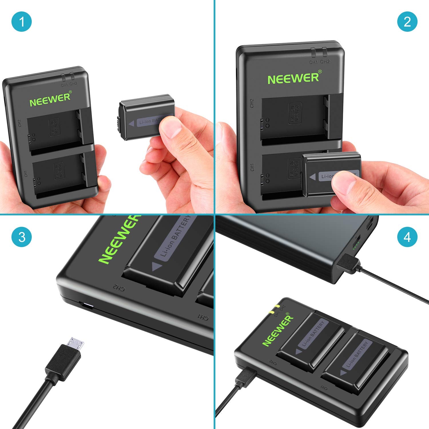 NEEWER NP-FW50 Camera Battery Charger Set for Sony A7, A7R, A7S, A5100, A6000 - Dual USB Charger with 2 Batteries - Perfect for Travel & Professional Photography