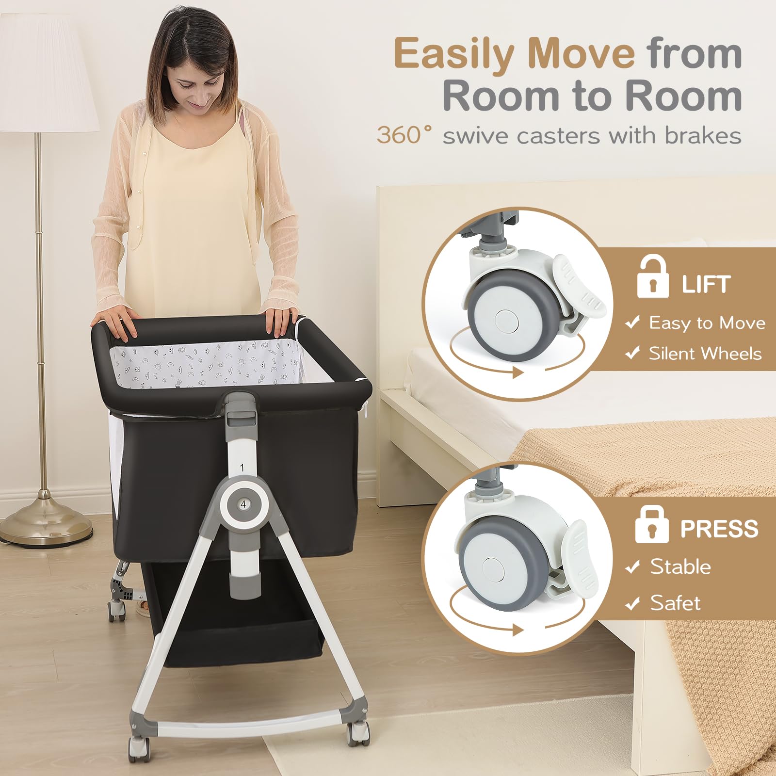 4-in-1 Baby Bassinet & Bedside Sleeper for Newborns - Adjustable Height Crib with 360° Wheels, Storage Basket & Mosquito Net | Portable Infant Bed for Nursery, Travel & Co-Sleeping | Breathable Mesh Design for Safe Baby Sleep
