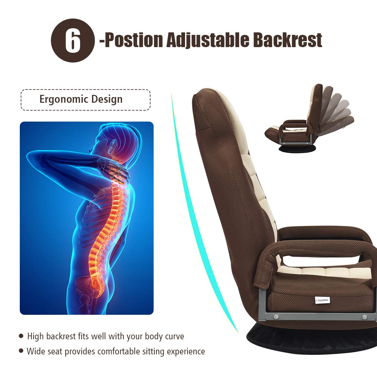 Giantex 360 Degree Swivel Floor Chair - Adjustable Backrest with Lumbar Support & Armrests, Foldable Lazy Sofa Rocker for Living Room, Bedroom, Gaming, TV Watching, Reading - Beige/Brown Home Comfort Chair