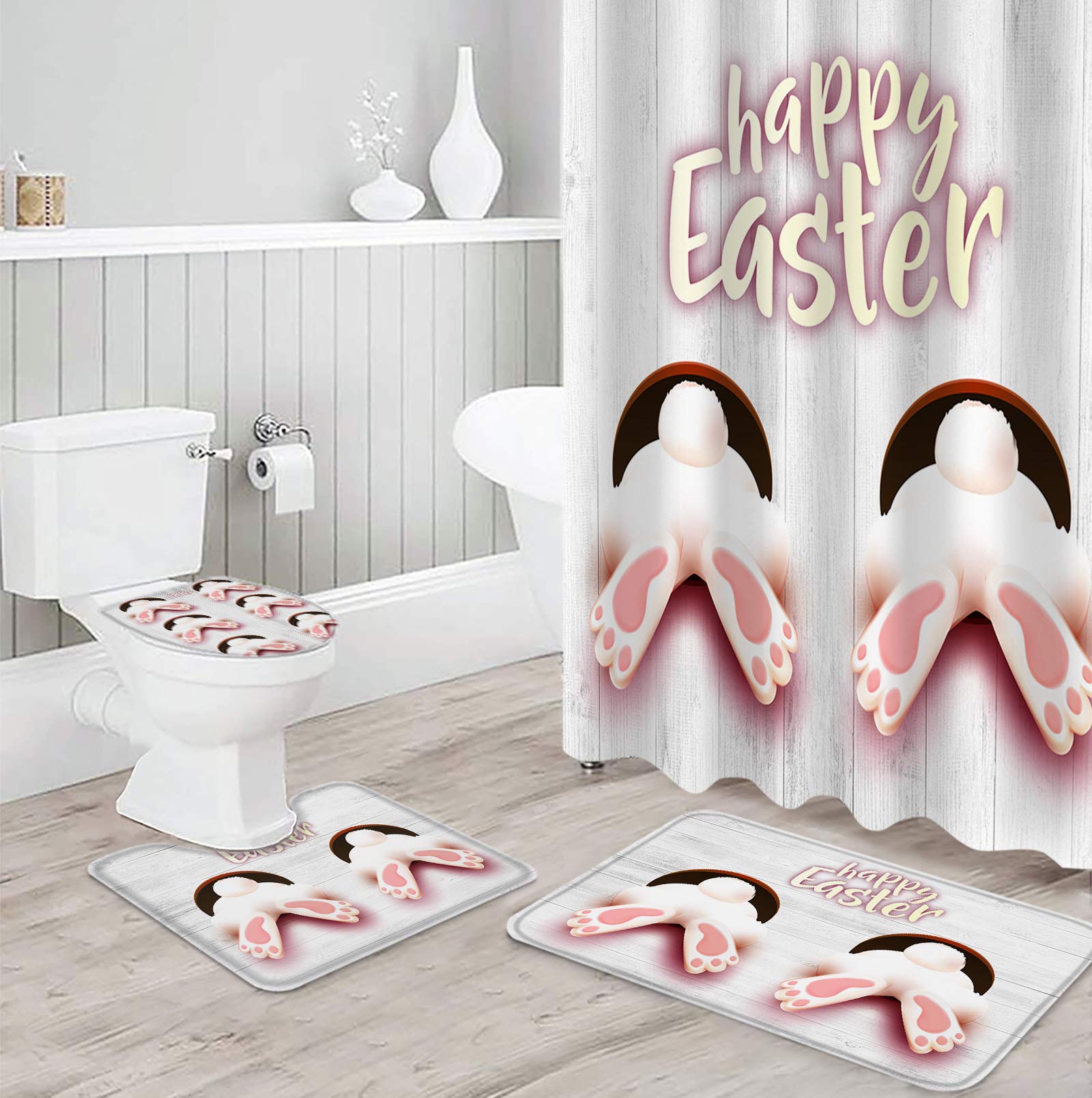 Funny Rabbit Easter Non-Slip Shower Curtain Set - 4PC Bathroom Decor with Rug, Toilet Cover & 12 Hooks | Durable Washable Waterproof Bath Mat for Home Decor | Perfect for Easter Decorations, Spring Bathroom Makeover & Gift Ideas